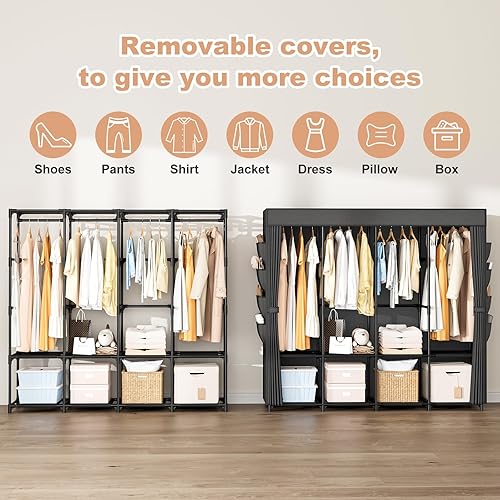 Miniatura 4 de Armario Portátil para Colgar Ropa, Armario Portátil de 67 Pulgadas de Ancho con Cubierta, 4 Barras para Colgar, Estantes de Almacenamiento y