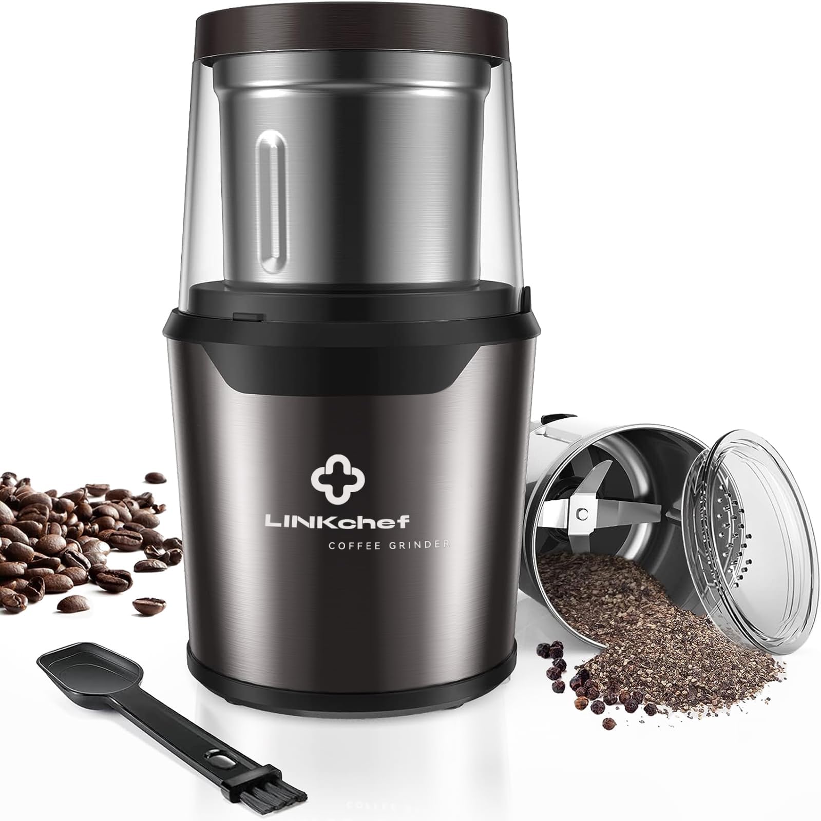 LINKchef Coffee Grinder Electric and Spice Grinder, Herb Grinder, Coffee Bean Grinder, Wet and Dry Grinder With 1 Removable Stainless Steel Bowl, Max 80g Capacity, 12 Cups Coffee