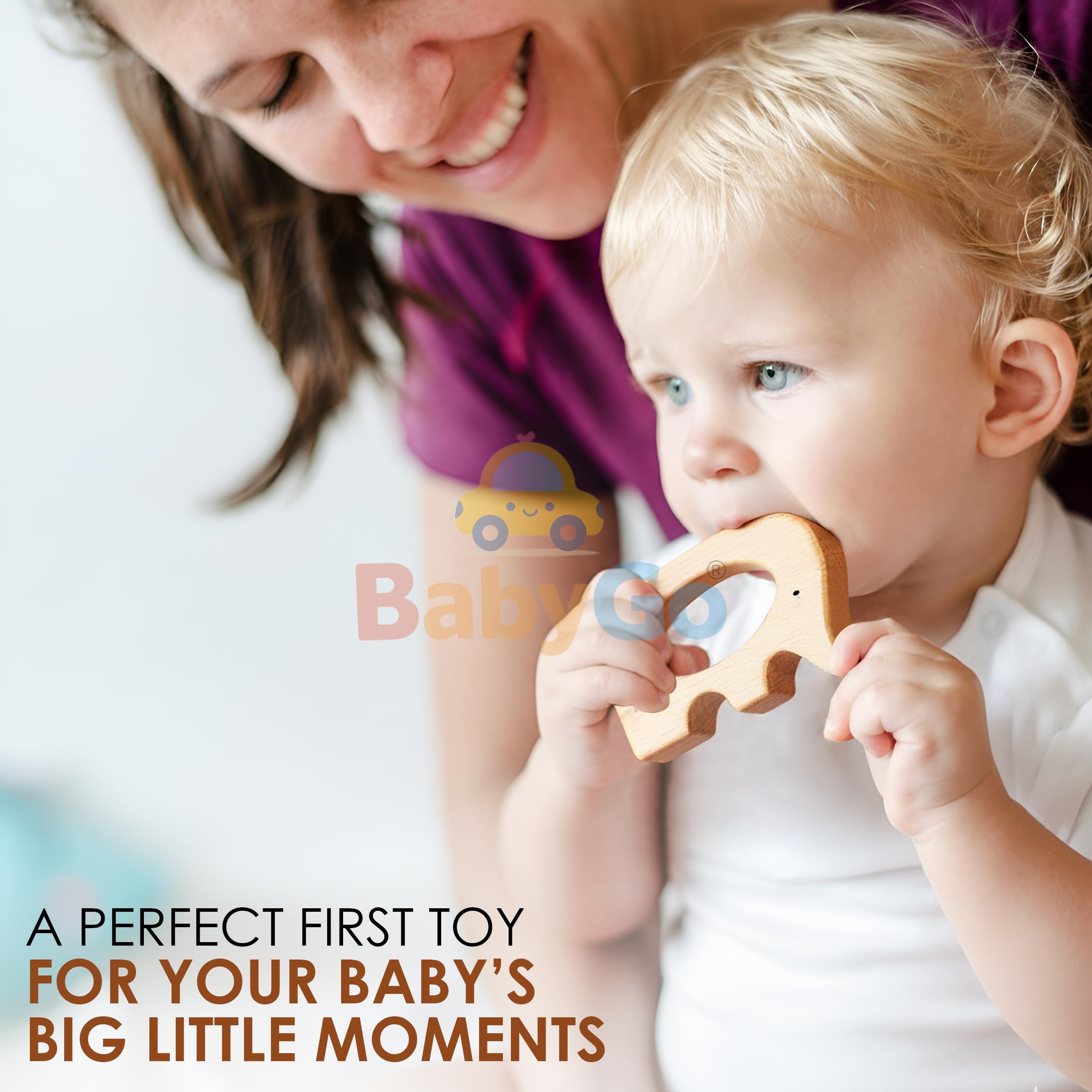 BabyGo Wooden Baby Teether Combo | Natural Beech Wood Animal Shape Toy, Handmade & Eco-Friendly | Safe & Gentle Gum Soother, Biodegradable Wooden Teething Relief Toys (Pack of 3) 2