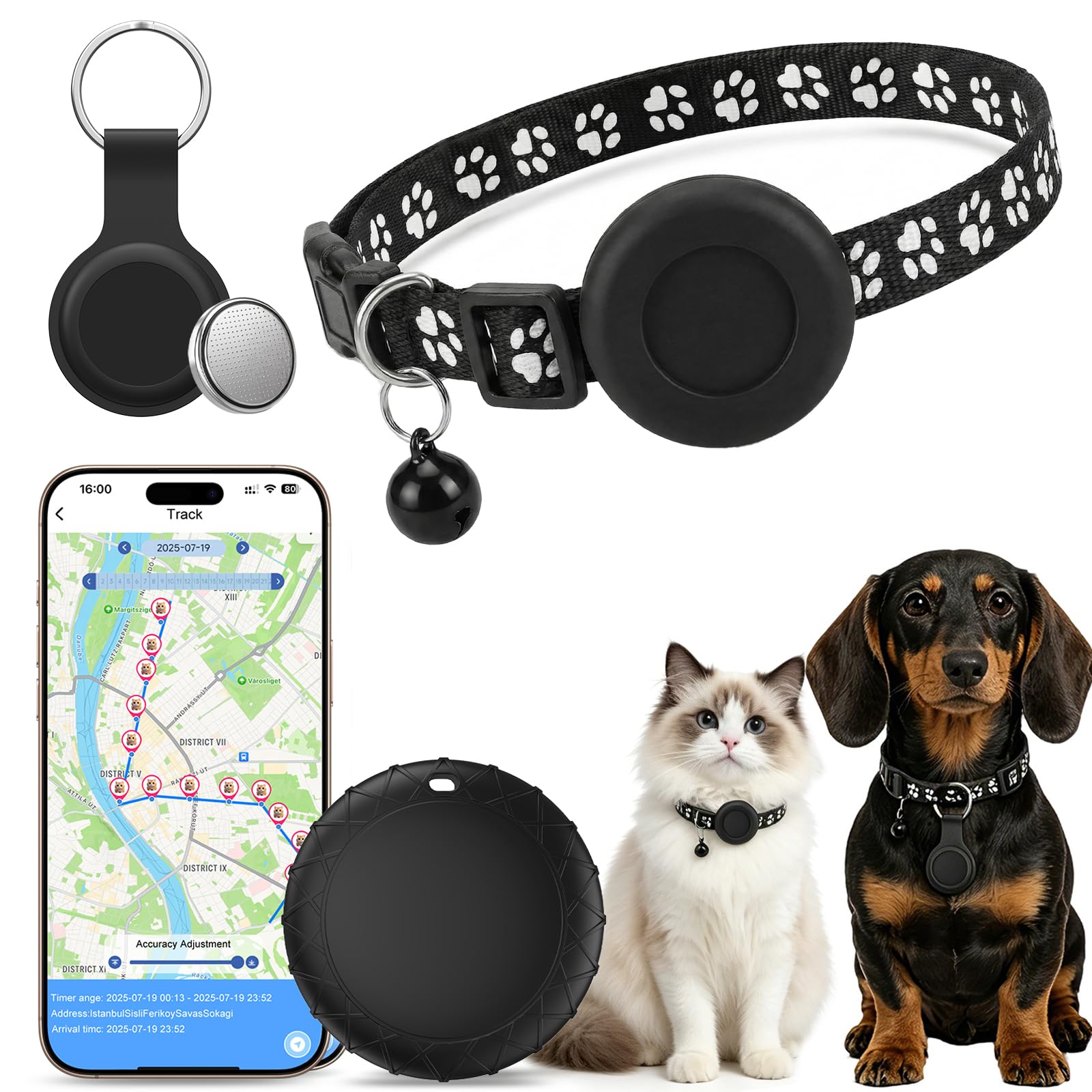 Cat GPS Tracker with Collar, Compatible with iOS and Android, Real Time GPS Dog Cat Tracker, No Monthly Fee, Stretchy Cat GPS Tracking Collar, Dog Collar Holder, IPX6 Waterproof, Long Battery Life
