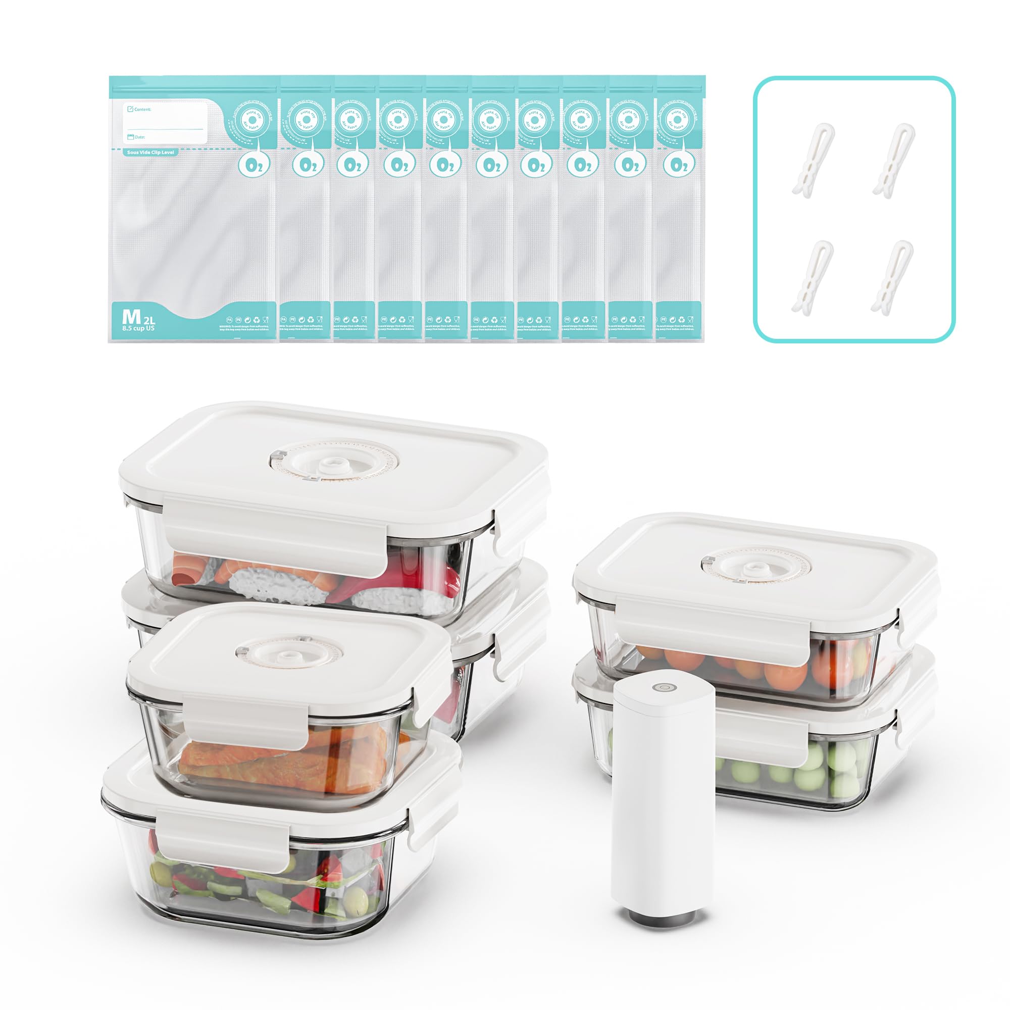 6 Pack Contenedor de preparación de comida de vidrio con fecha rastreador & bomba