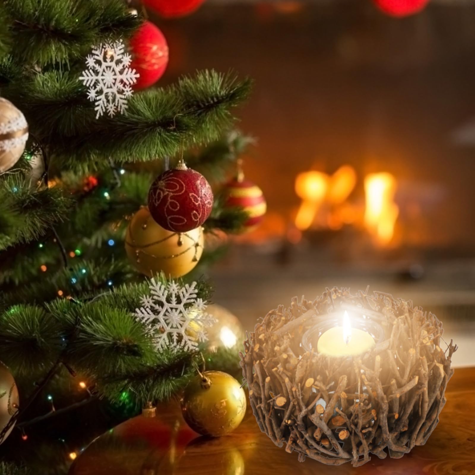Candeliere Decorativo a Nido di Rami in Legno e Vetro Marrone