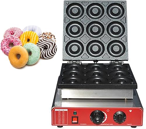 LKJHSDFG 9 Mini Donut Electric Maker 2000 W para desayuno, aperitivos, postres con superficie antiadherente, encimera de acero inoxidable, máquina