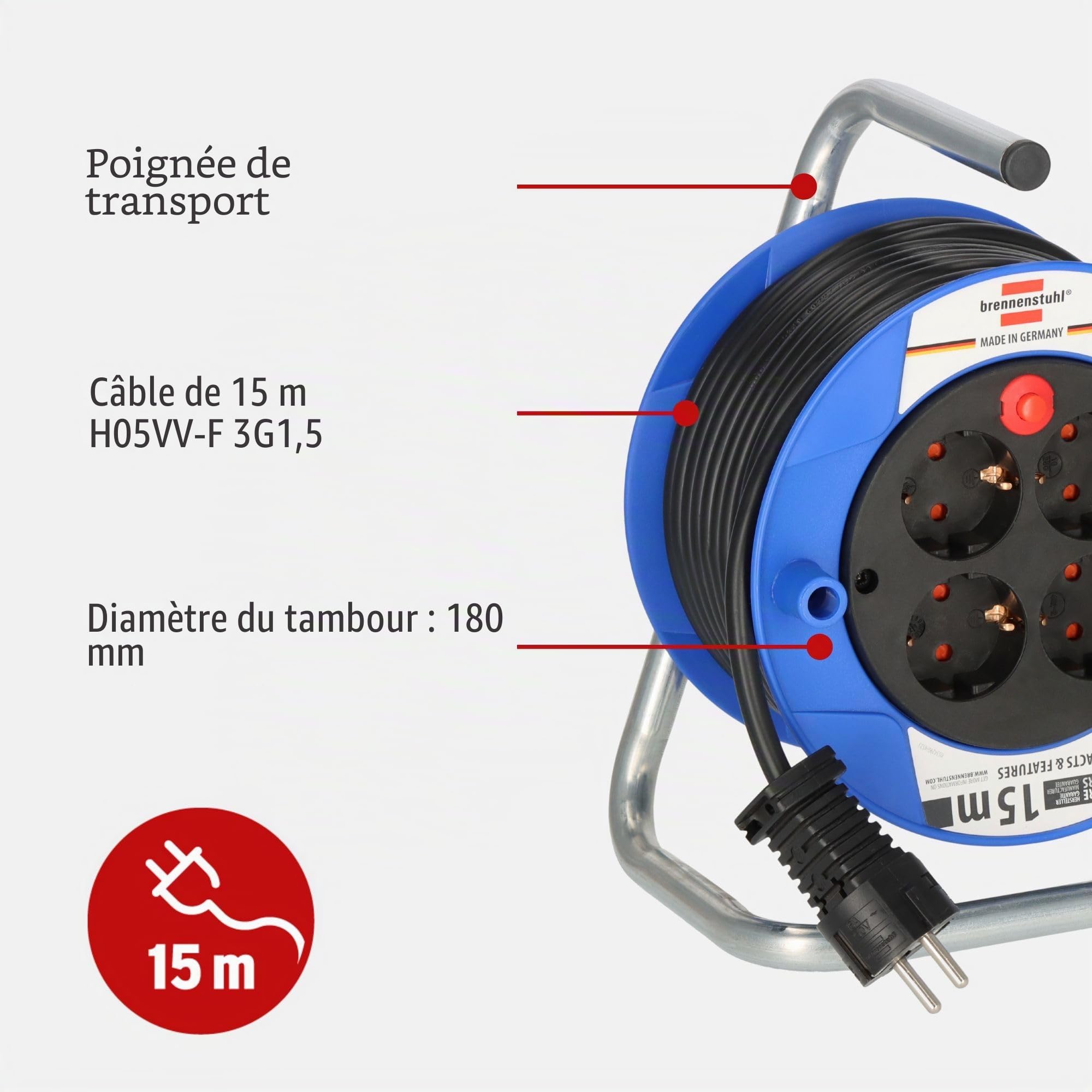 BRENNENSTUHL 1079180004 - Enrollacables compacto negro IP20 H05VV-F3G1,5 con cable de 15 m