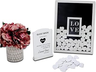 Personalized Wedding Guest Book Alternative – 12x16 White Picture Frame with 70 Wooden Hearts – Unique Memory Keepsake for Weddings, Baby Showers, Anniversaries, or Funeral Tributes