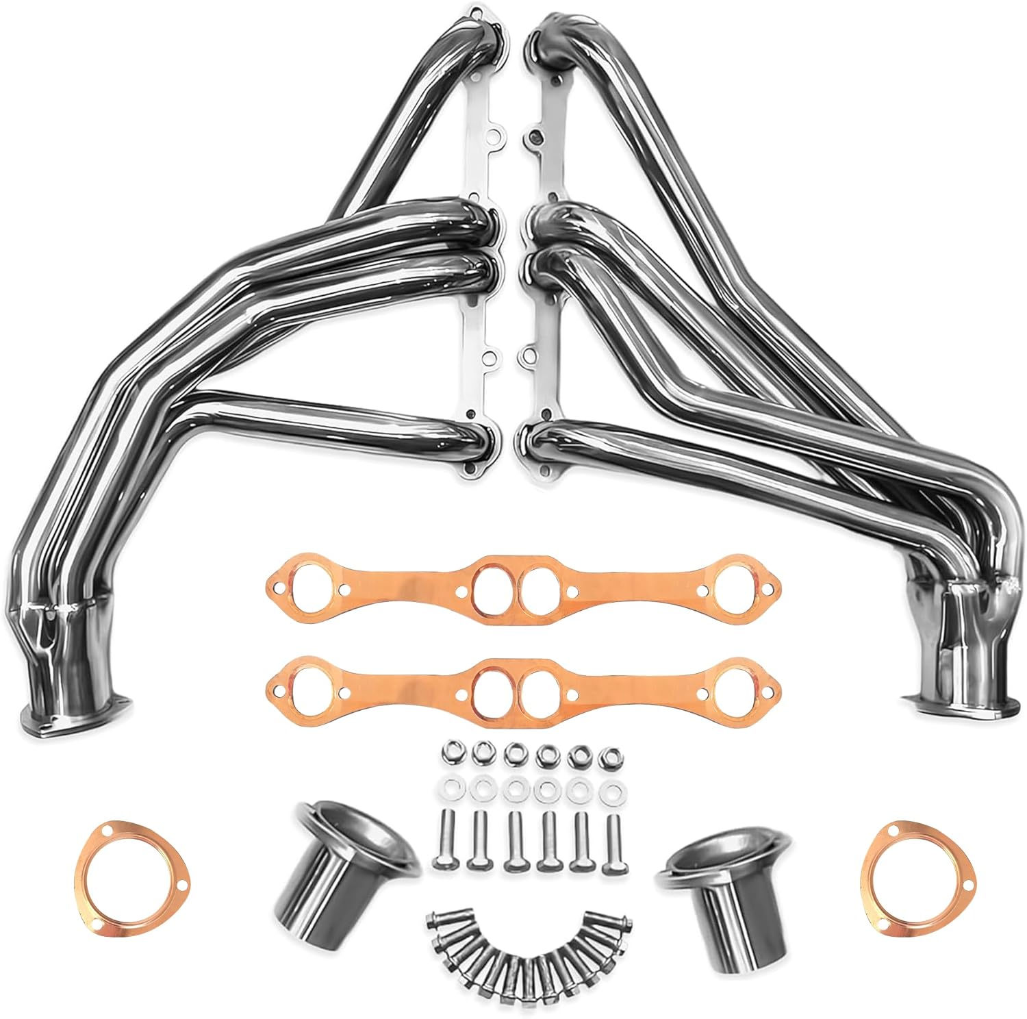 Polished Stainless Steel Long Tube Headers SBC Chevy GMC 1973–1987 C10 K10 C20 K20 C30 K30 Blazer Suburban Jimmy 265 283 305 307 327 350 400 V8 Copper Collector & Multi-Layer Copper Fiber Gaskets Fits