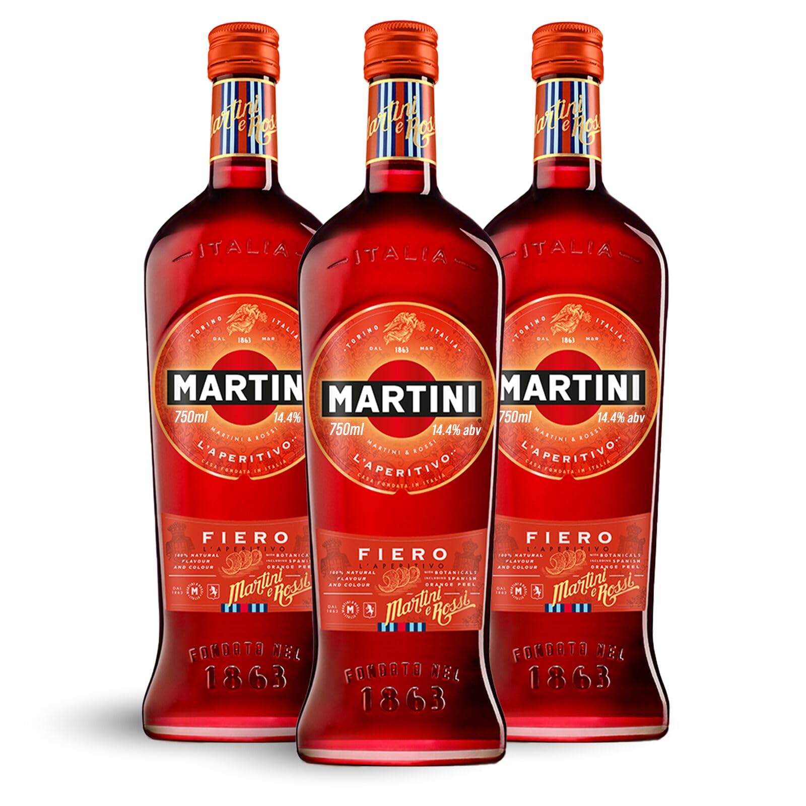 MARTINI Fiero roter Wermut Aperitif, 14,4% vol., 3 x 75cl / 750ml, süßer Wermut angereichert mit handgeschnittenen spanischen Orangenschalen