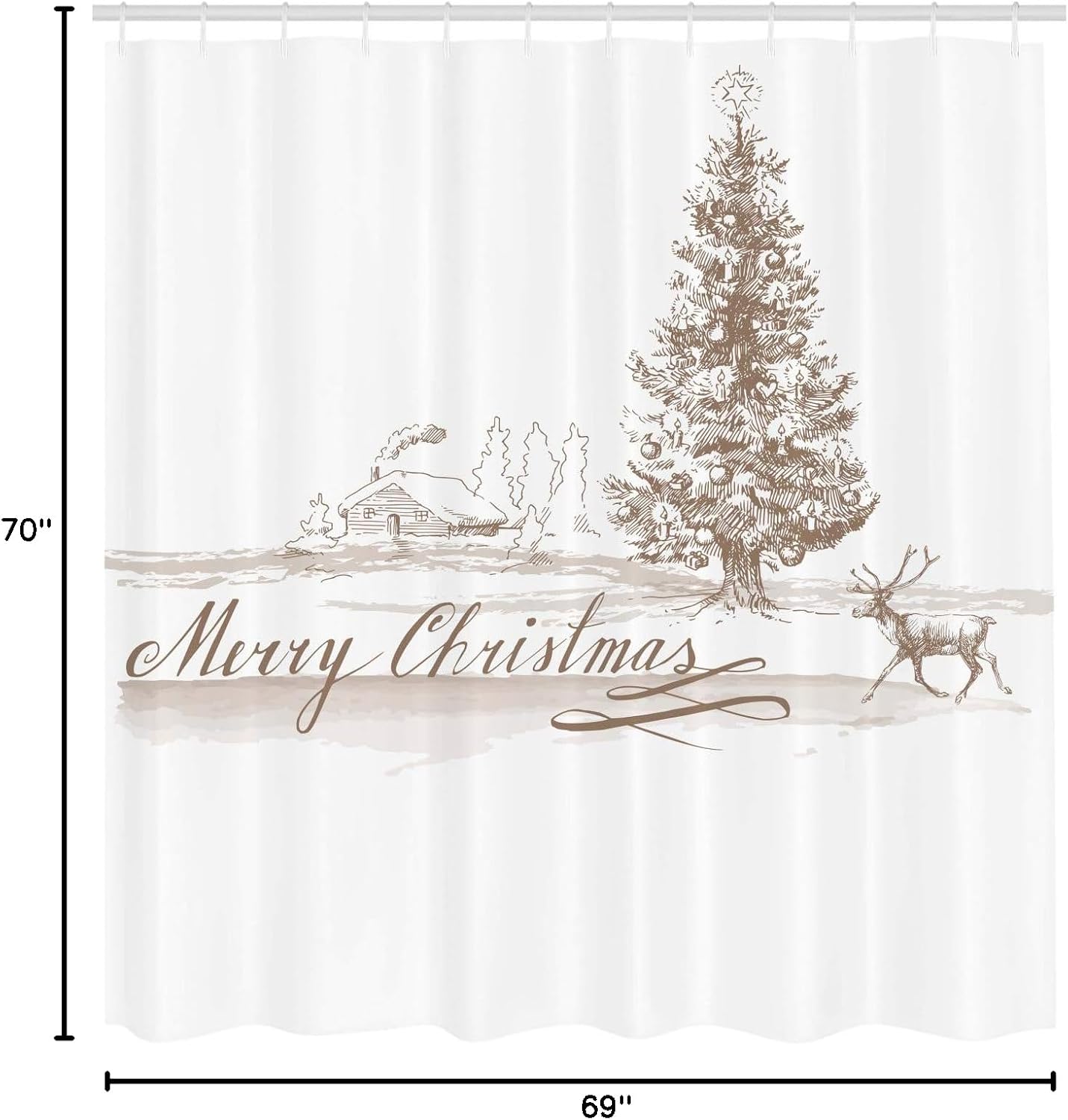 Ambesonne Christmas Shower Curtain, Romantic Vintage New Year Scenery with Reindeer Tree and Star Design Image, Cloth Fabric Bathroom Decor Set with Hooks, 69" W x 70" L, Brown