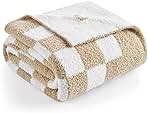 Snuggle Sac Checkered Throw Blanket for Couch, Super Soft, Cozy Warm Knit Blankets, Reversible Fluffy Checker Throws for Sofa, Bed, Checkered Beige, 50x60 Inches