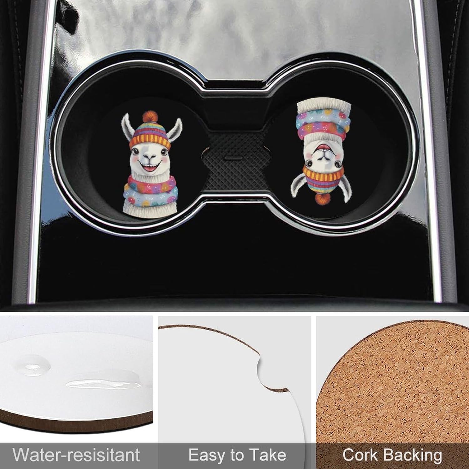 Cute Llama in Winter Cute Car Coasters 2.56 Inch Absorbent Cup Holder for Drinks Auto Interior Accessories