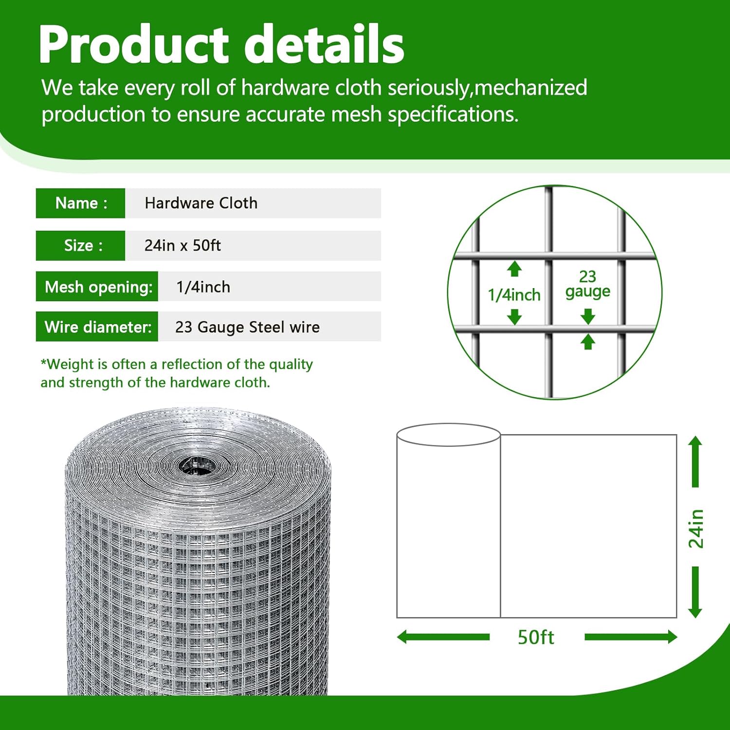 Hardware Cloth 1/4'' 24'' X 50',23 Gauge Chicken Wire Mesh Fence Double Layer Galvanized, Welded Metal Wire Fence Mesh Roll for Gardens Plants Poultry Animals Cage Chicken Coop Accessories