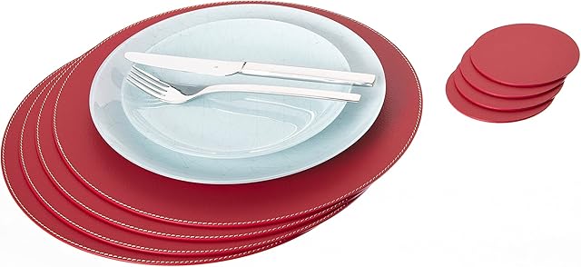 Nikalaz Set of Round Placemats and Coasters, 4 Table Mats and 4 Coasters, 33 cm Diameter Place Mat and 10 cm Coaster, Recycled Natural Leather, Dining Table Decor (RED)