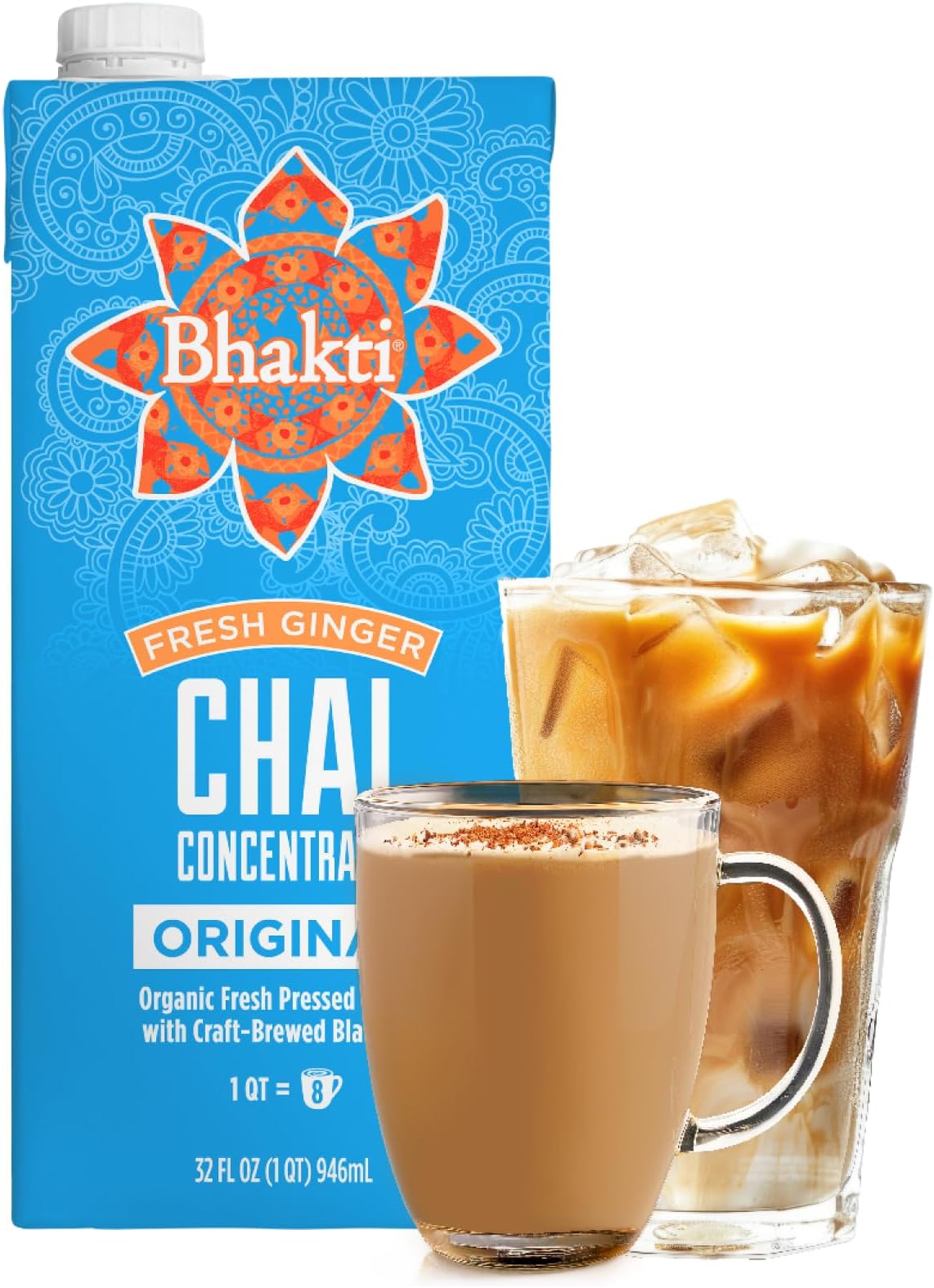 Bhakti Chai Tea Concentrate | Original, Organic Fresh Ginger, Black Tea, Sweetened, Spiced, Dairy-Free, Vegan, 32oz (8 Servings)