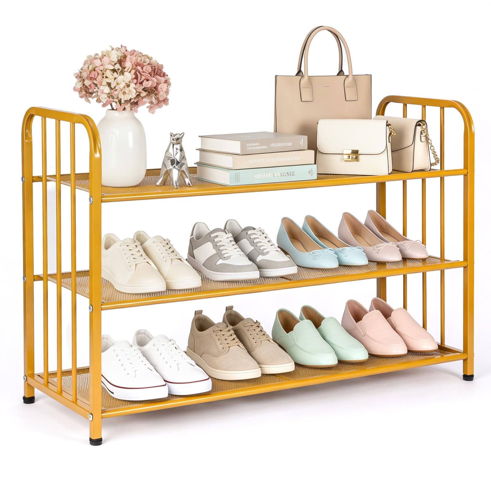 EVERGOODS 3 Tier Metal Shoe Rack 80X27X53cm Free-Standing Space Saving Gold Shoe Organizer with Handles for Closet Hallway Entryway