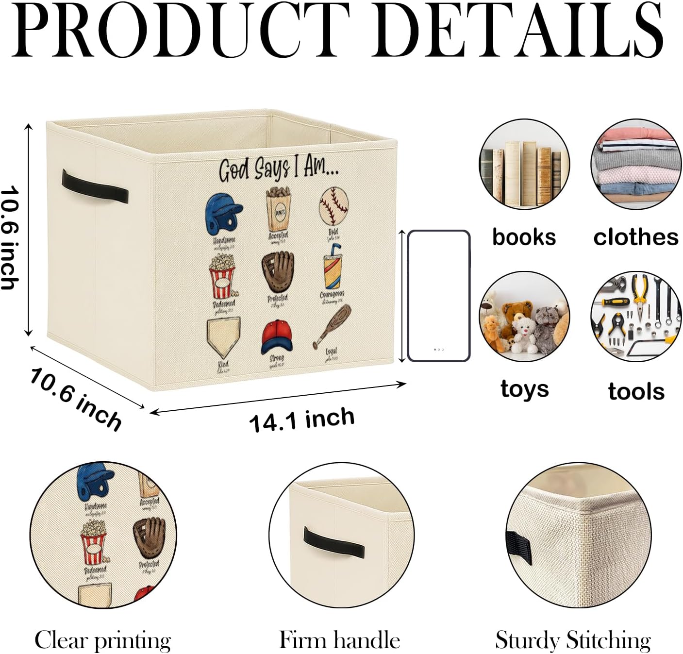 Christian Baseball Storage Bin Box with Handles, God Says I Am Bible Verse Baseball Foldable Baskets Organizer for Kids Room Nursery Bathroom Clothes Toys Books, Toybox for Boys