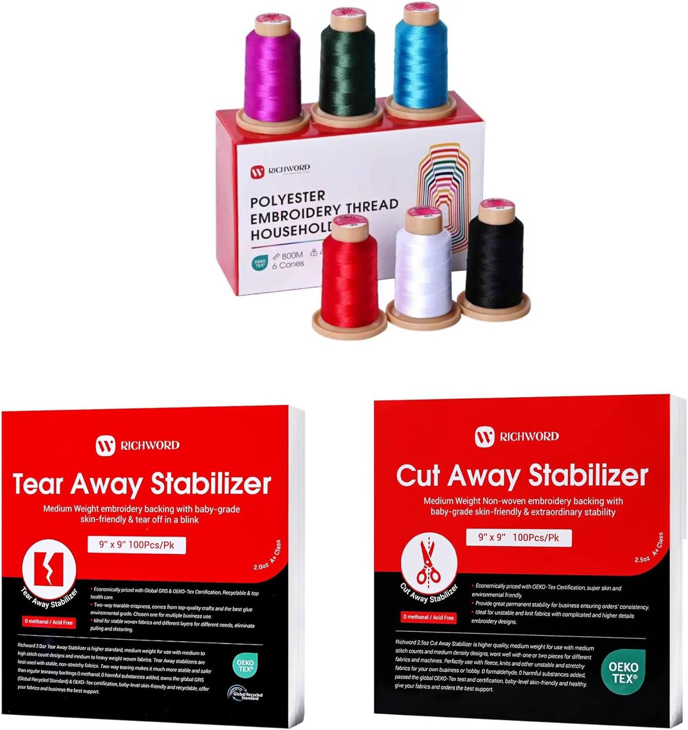 Poolin Embroidery Starter Bundle – 6 Color 800M Polyester Thread Set + 9"x9" Cut Away & Tear Away Stabilizer 100 Sheets Each for 4x4 & 6x6 Hoops Embroidery Machines