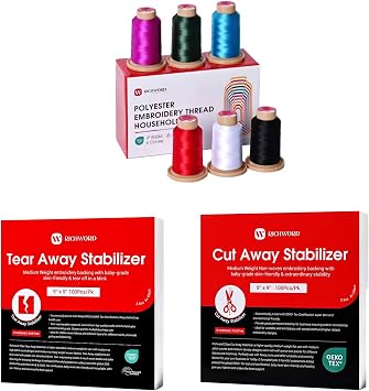 Poolin Embroidery Starter Bundle 6 Color 800M Polyester Thread Set + 9"x9" Cut Away & Tear Away Stabilizer 100 Sheets Each for 4x4 & 6x6 Hoops Embroidery Machines