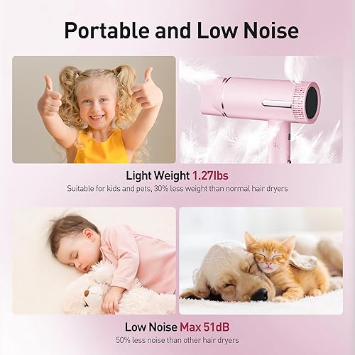 Miniatura 9 de Secador de pelo iónico con boquilla de succión magnética, potente motor sin escobillas de 1600 W para secado rápido, secador de pelo portátil