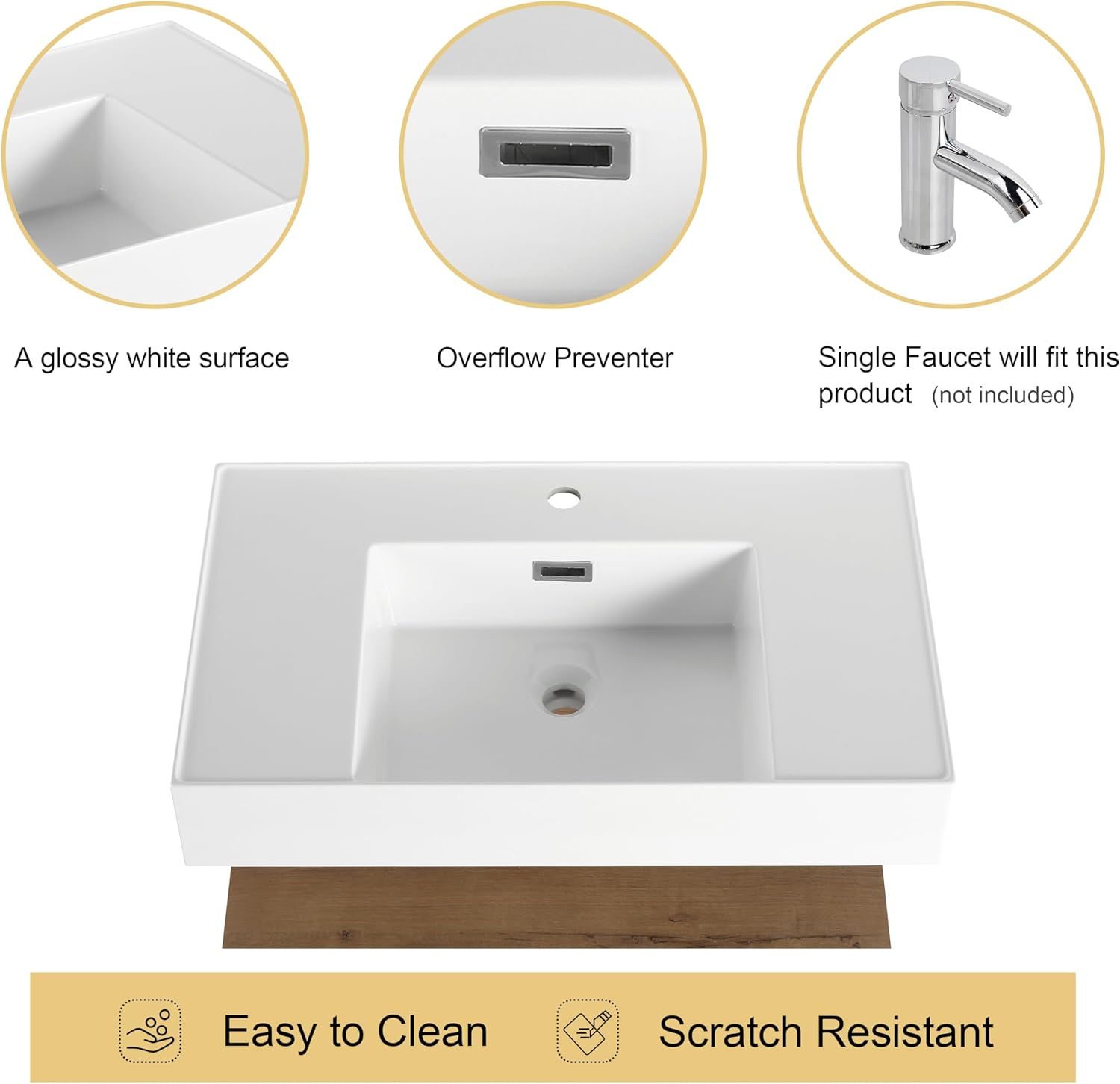 Malwee 30 Inch Floating Bathroom Vanity, 30" Brown Single Sink Bathroom Vanity Combo, Modern Wall Mounted Bath Cabinet Set with Sink and 1 Storage Drawer (09430-M)