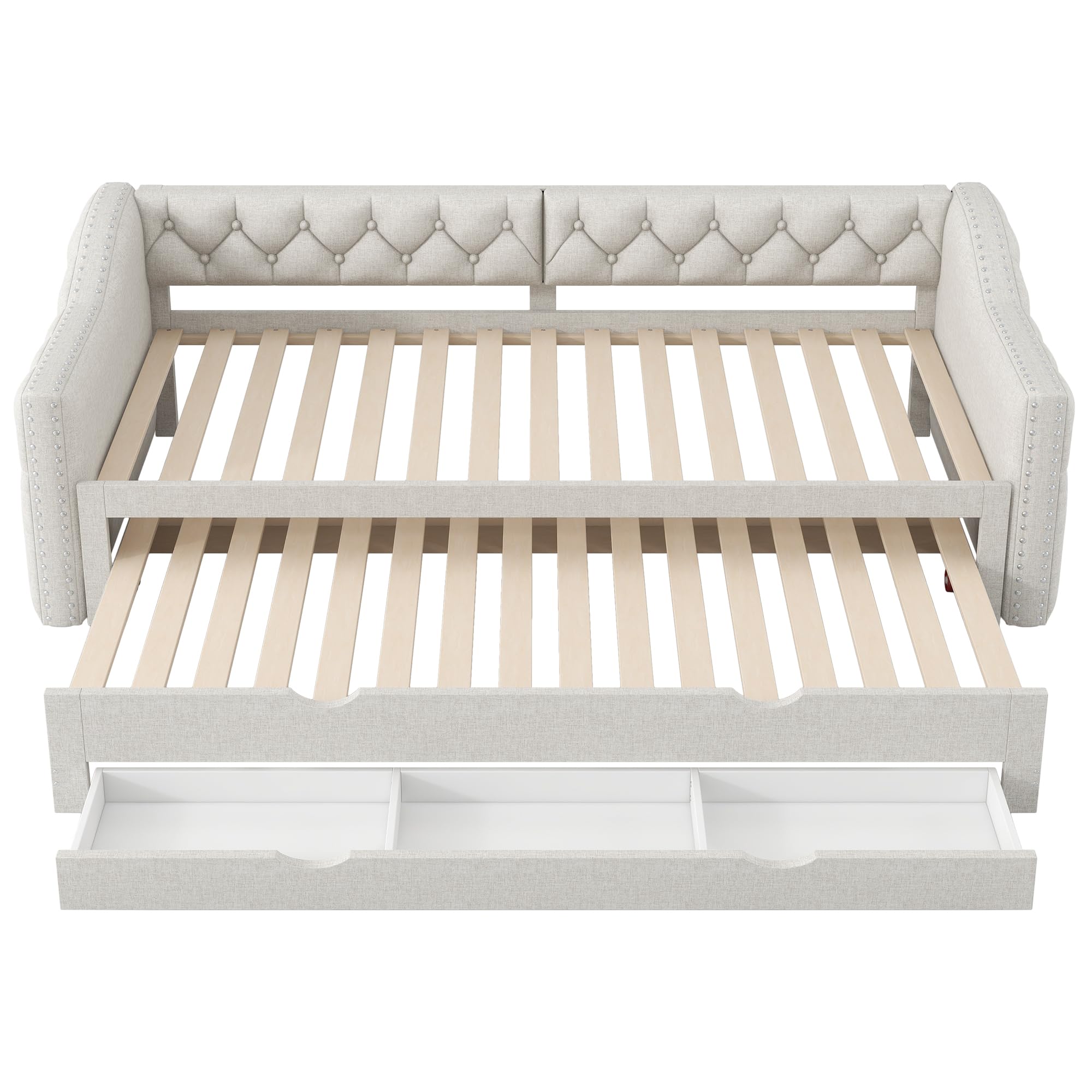 Moimhear Cama de día acolchada con luz LED, cama nido y tres cajones, sin colchón, beige, 90 x 200 cm