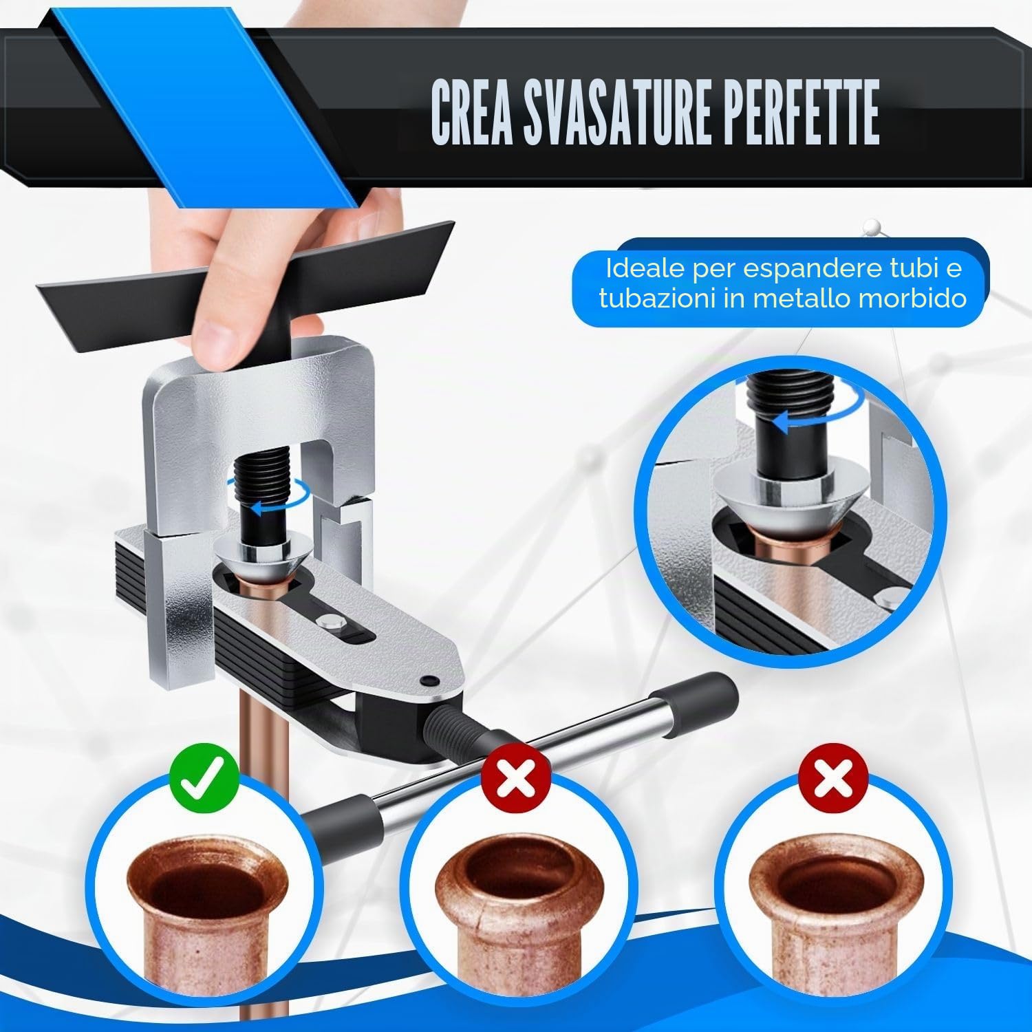 Flexzion Kit HVAC per svasatura eccentrico per tubi e tubazioni da 3/16-5/8", kit di strumenti per svasatura in ottone alluminio rame con cono ad angolo SAE a 45 gradi per l'applicazione della linea