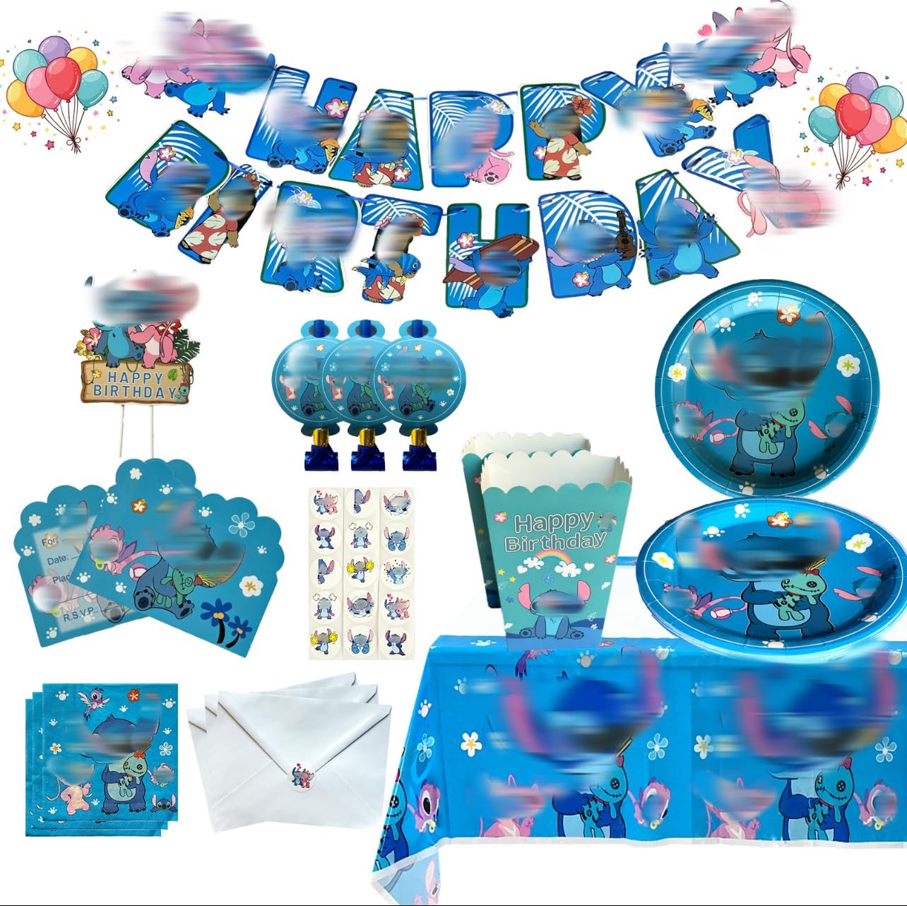 Kids ST Cartoon Blue Alien Birthday Party Supplies Set – 125PCS Decorations for 16 Guests, Includes Tablecloth, Plates, Napkins, Banner, Stickers, Cake Topper, Invitations, Blowouts & Popcorn Boxes