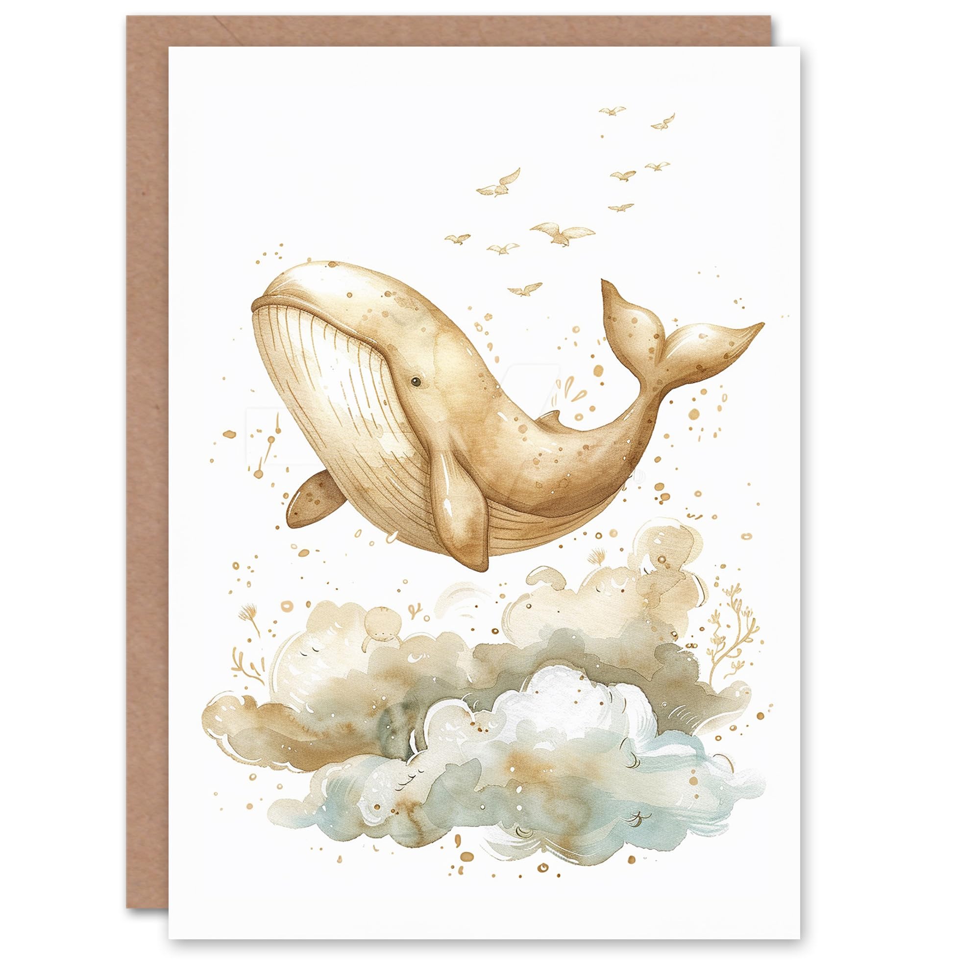 Artery8 Birthday Card Cute Whale Flying Birds Clouds Illustration For Son Daughter Girl Boy Kids Happy Card