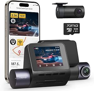 70mai Dash Cam Front and Rear - 2.5K+1080P Dual Dash Camera with HDR, Super Night Vision, F1.55 Aperture, 24H Parking Mode, Built-in Wi-Fi & GPS, G-Sensor, Loop Recording, 64GB Card Included (A410)