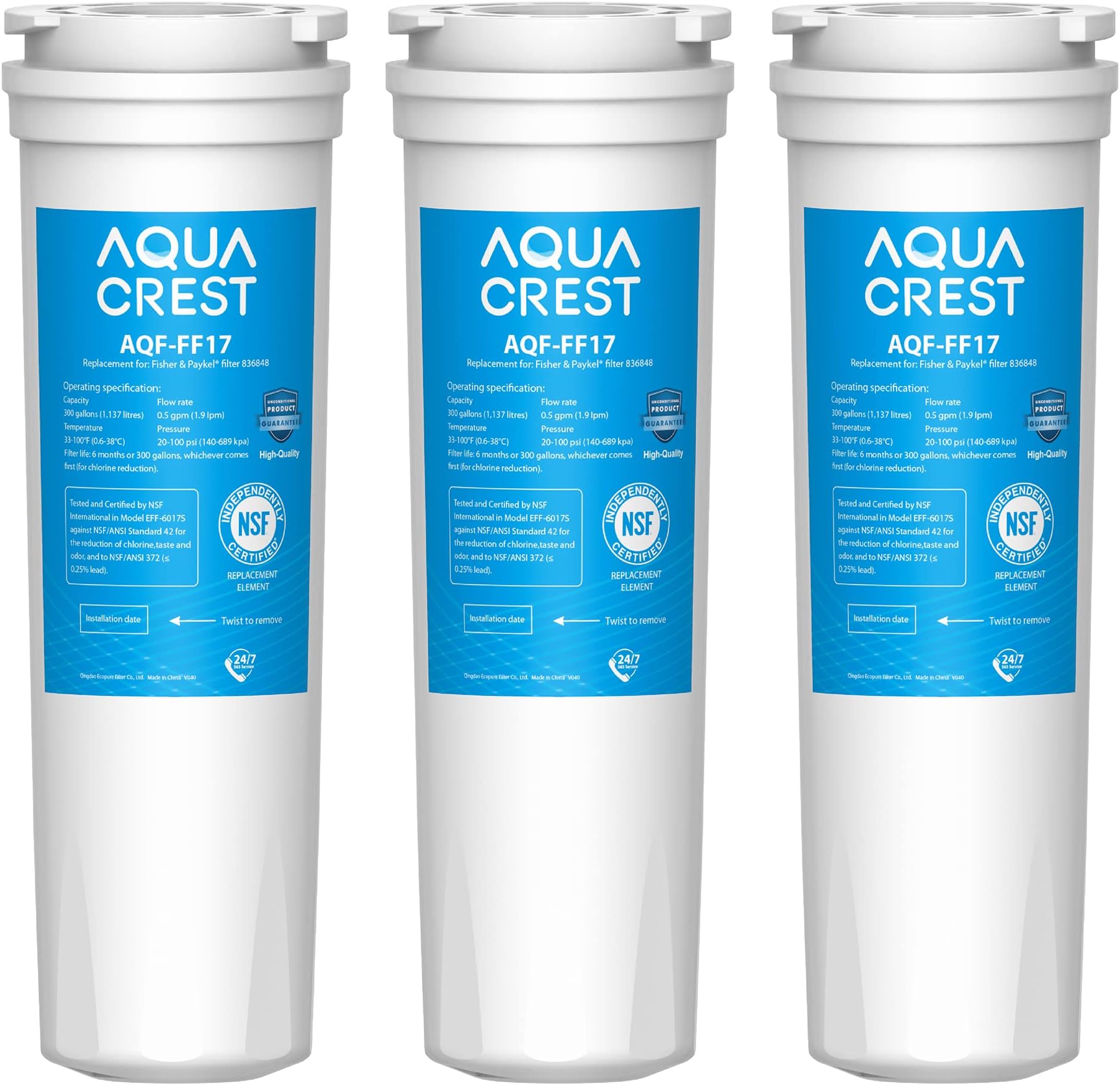 3X AQUACREST 836848 Fridge Water Filter, Compatible with Fisher & Paykel 836848, 836860, E404BRXFDU, E522BRXFDU, PS2067635, Amana/Maytag/Admiral Clean'n Clear 67003662, RO185014, RO185011, WF60, C2(3)