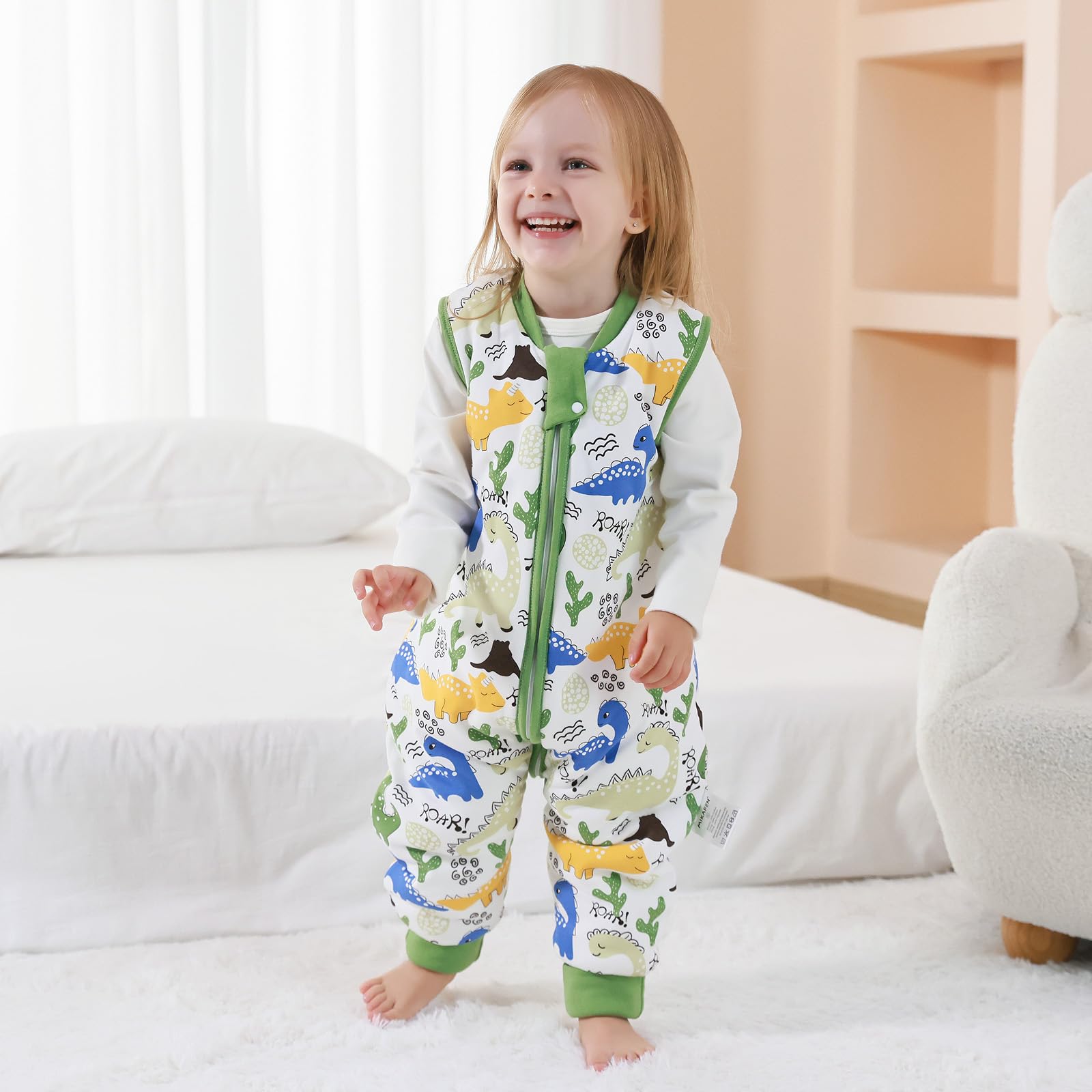 MIKAFEN Bambini Sacco nanna invernale con gambe 2,5 Tog,100% cotone,Sacco nanna con piedini,85-95 cm/18-36 mesi,Dinosauro verde