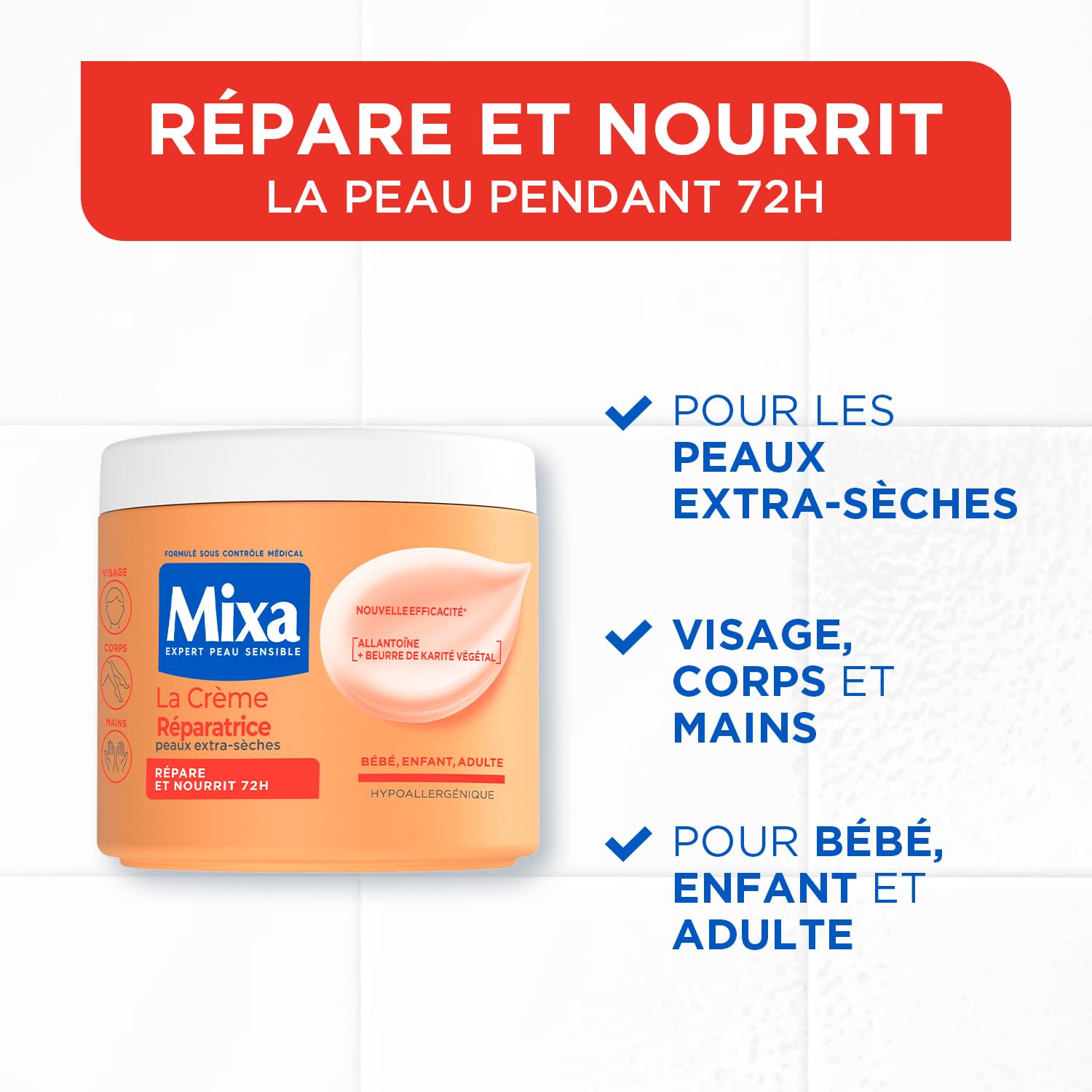 MIXA - La Crème Réparatrice Multi-Usages - Nutrition Intense 72H & Anti-Dessèchement - Huiles d’Amande Douce & Abricot - Peaux Extra-Sèches - Corps, Visage & Mains - 400ml