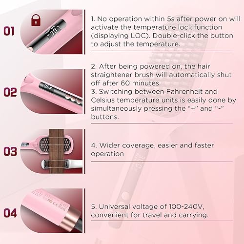 Miniatura 7 de Cepillo alisador de cabello, cepillo para alisar el cabello iónico negativo de calentamiento rápido de 30 segundos, voltaje global, 16 modos de