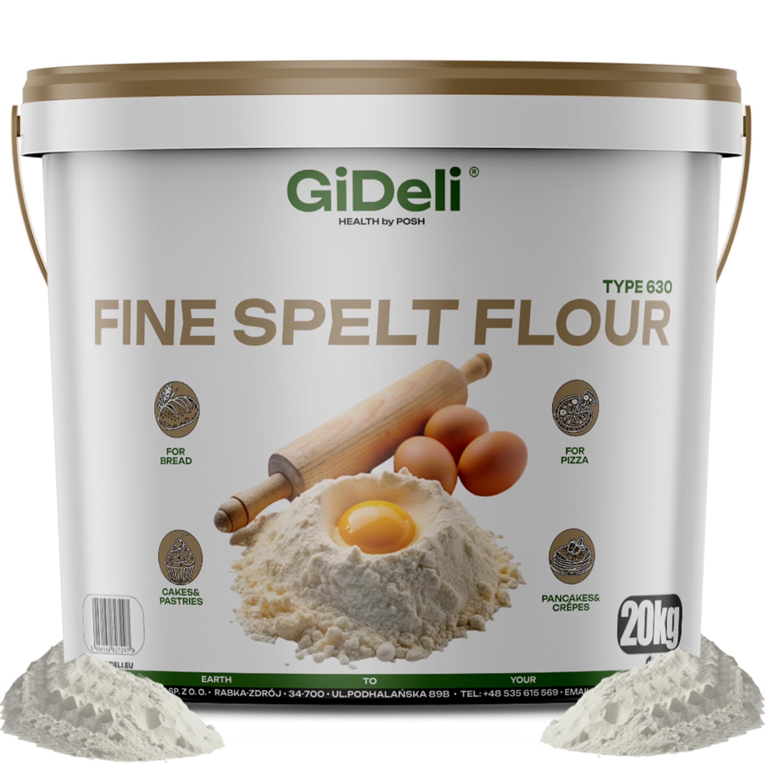 GiDeli Harina de Espelta Blanca 20 kg - Tipo 630, Cubo con Tapa - Para Pan