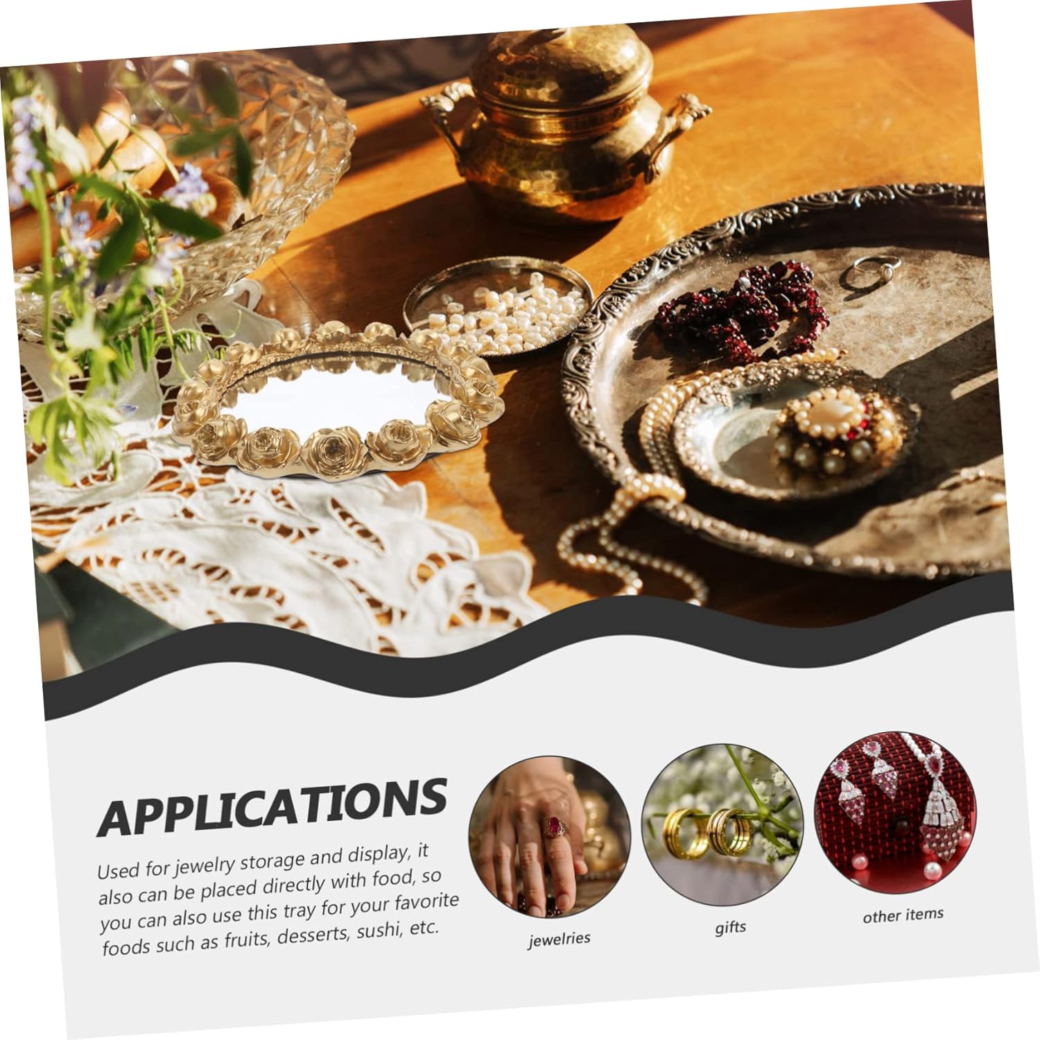 Luxury Gold Trim Mirror Makeup Tray Decorative Jewelry Organizing Tray Vanity Decor Perfume for Dresser