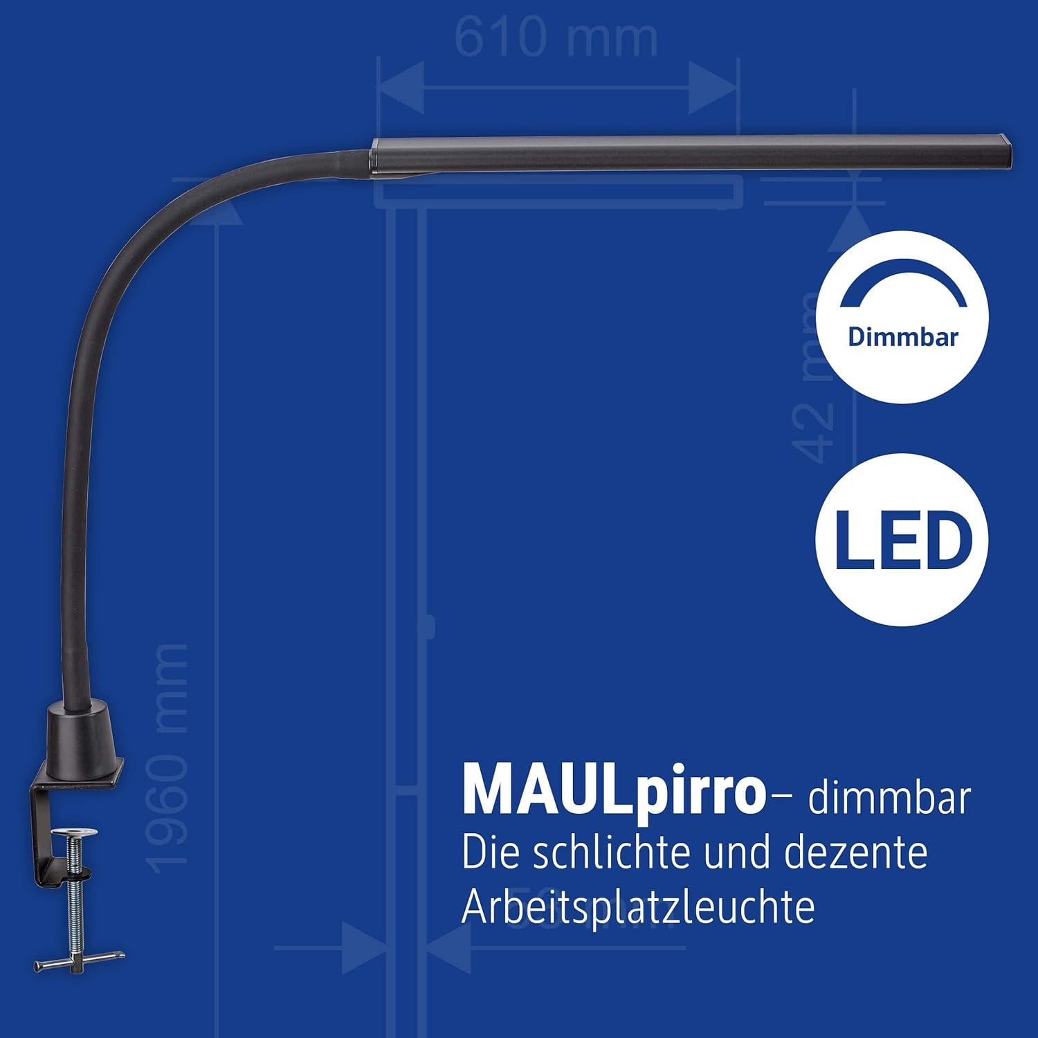 MAUL MAULpirro LED Desk Lamp | Dimmable Clip Lamp | Modern LED Lamp with 4 Levels Dimmer | LED Desk Lamp with 3000K Color Temperature | Black