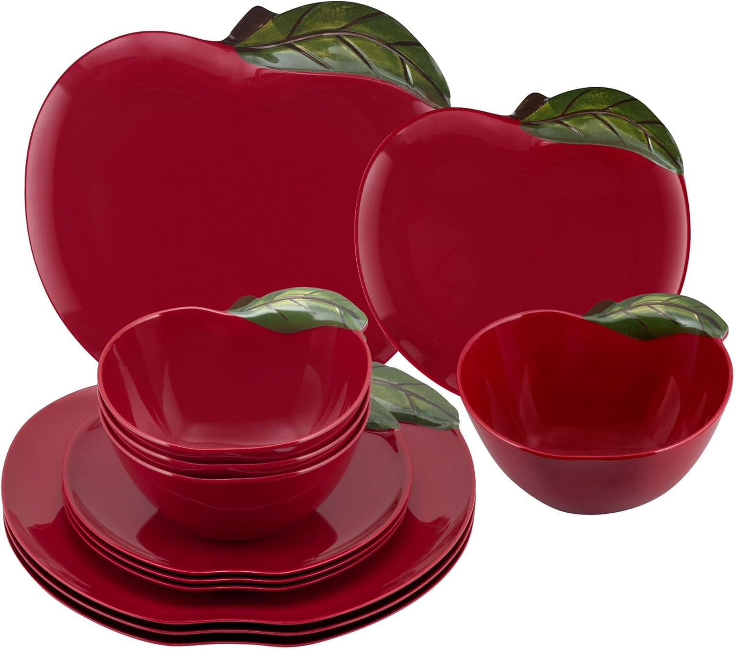 UPware 12 Piece Apple Melamine Dinnerware Sets, Outdoor Dishes Set, Plates and Bowls Sets, Service for 4, Red