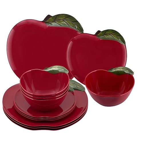 UPware 12 Piece Apple Melamine Dinnerware Sets, Outdoor Dishes Set,