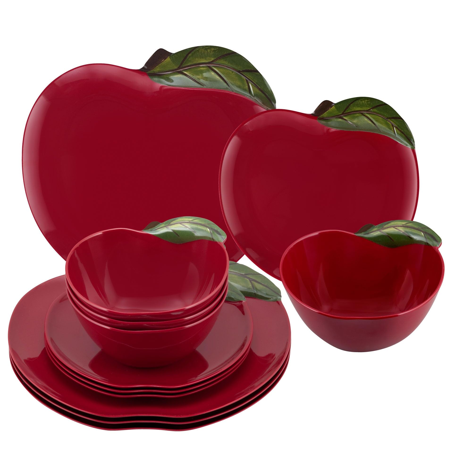 UPware 12 Piece Apple Melamine Dinnerware Sets, Outdoor Dishes Set, Plates and Bowls Sets, Service for 4, Red