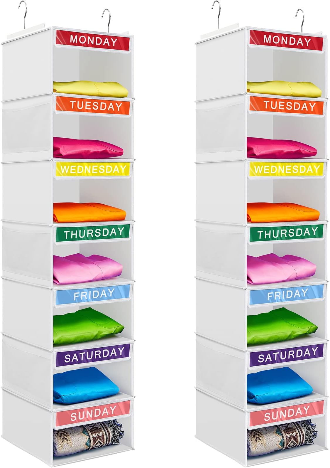 Amylove 2 Pcs 7 Shelf Weekly Clothes Organizer for Kids Hanging Closet Organizer 11. 8 x 11. 8 x 50 Inches Daily Activity Kids Clothes Storage Drawers Cube Drawers Closet Hanging Shelves(White)