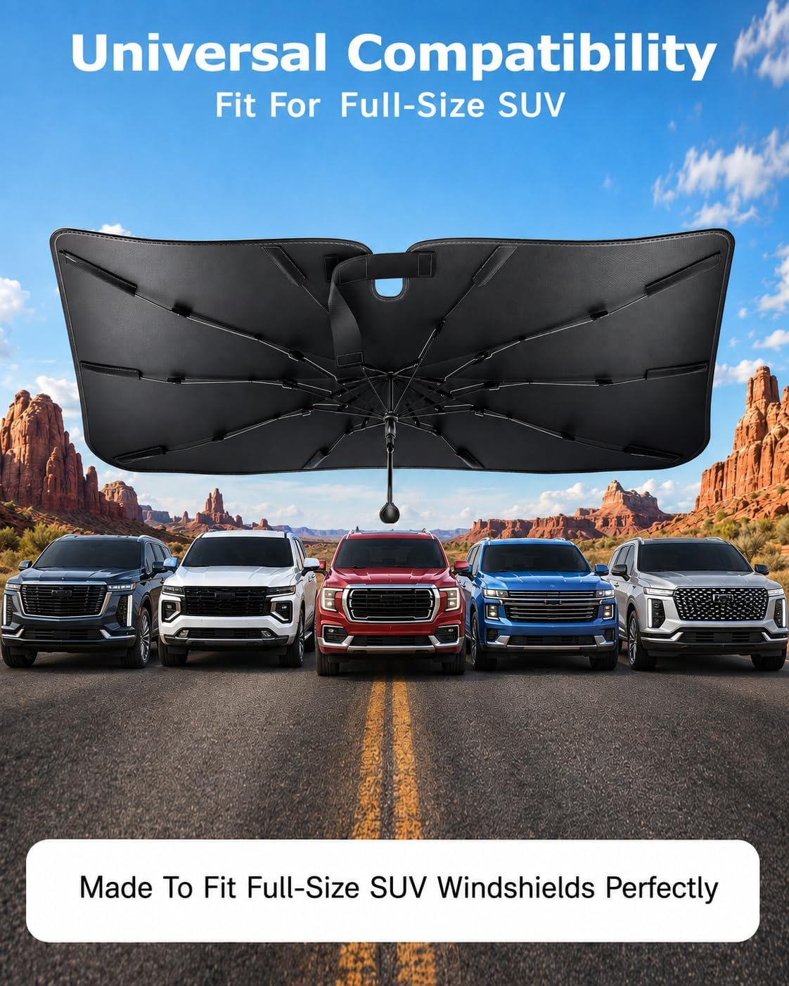 [2026 Upgraded] Weektic Windshield Sun Shade Umbrella for Tahoe/Yukon/Suburban/Escalade - 5 Layers Ice Crystal Coating Blocks 99% UV, Protect Interior | 360° Swivel Handle for Easy Use Car Accessory