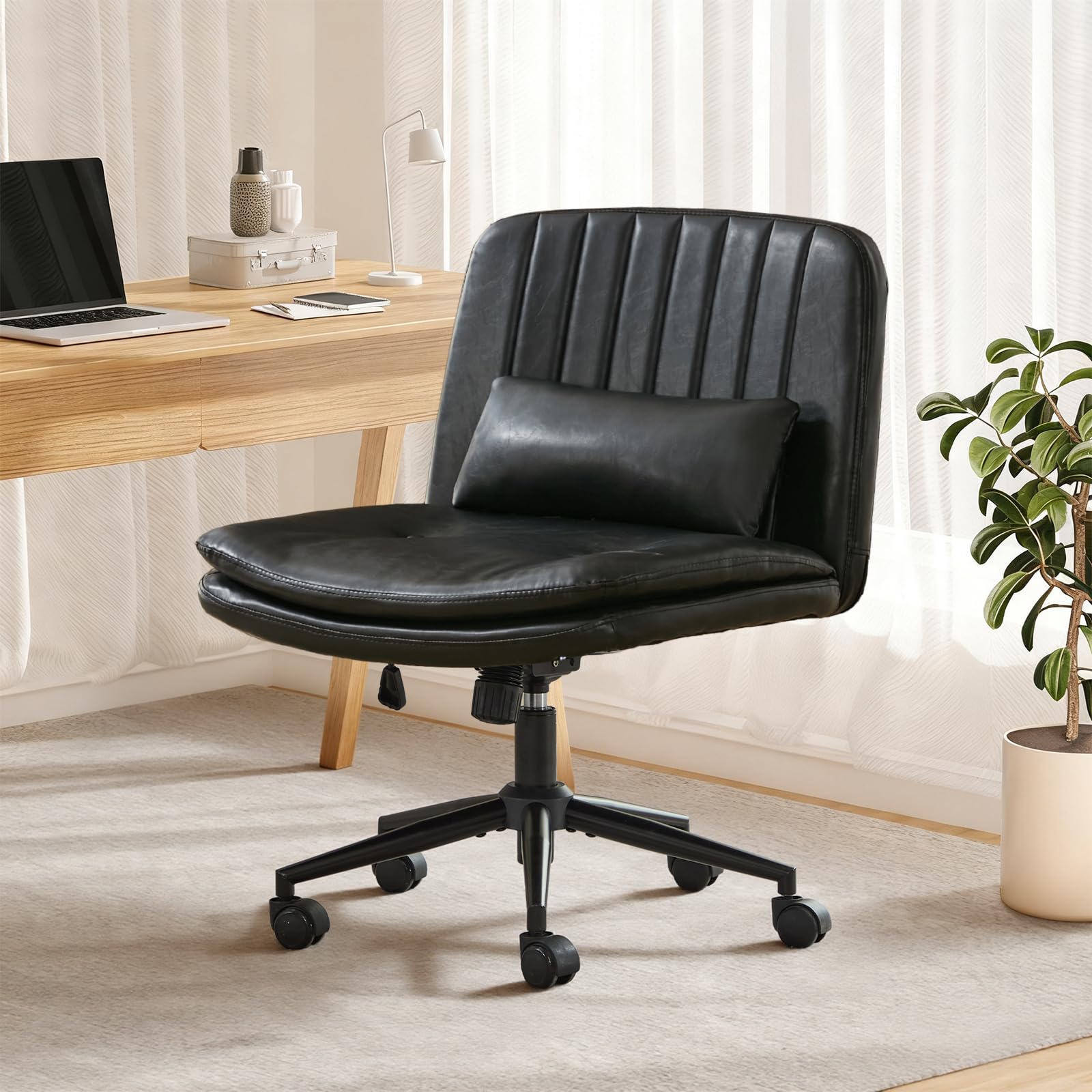 SAMERY Breiter Bürostuhl ohne Armlehnen, Doppellagiger Dicker Schreibtischstuhl Schneidersitz Stuhl mit Rollen, Höhenverstellbar Drehstuhl Computerstuhl Home Office Stuhl