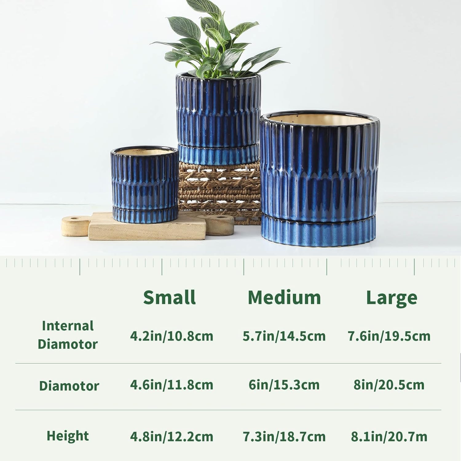 HASENSE Ceramic Pot for Plants, 3-Pack (8/6/4.6 inch) Medium Flower Planter with Drainage Holes & Tray, Rective Glaze Plant Pots Indoor with Ribbed Design, Kithen Home Office Decor, Blue