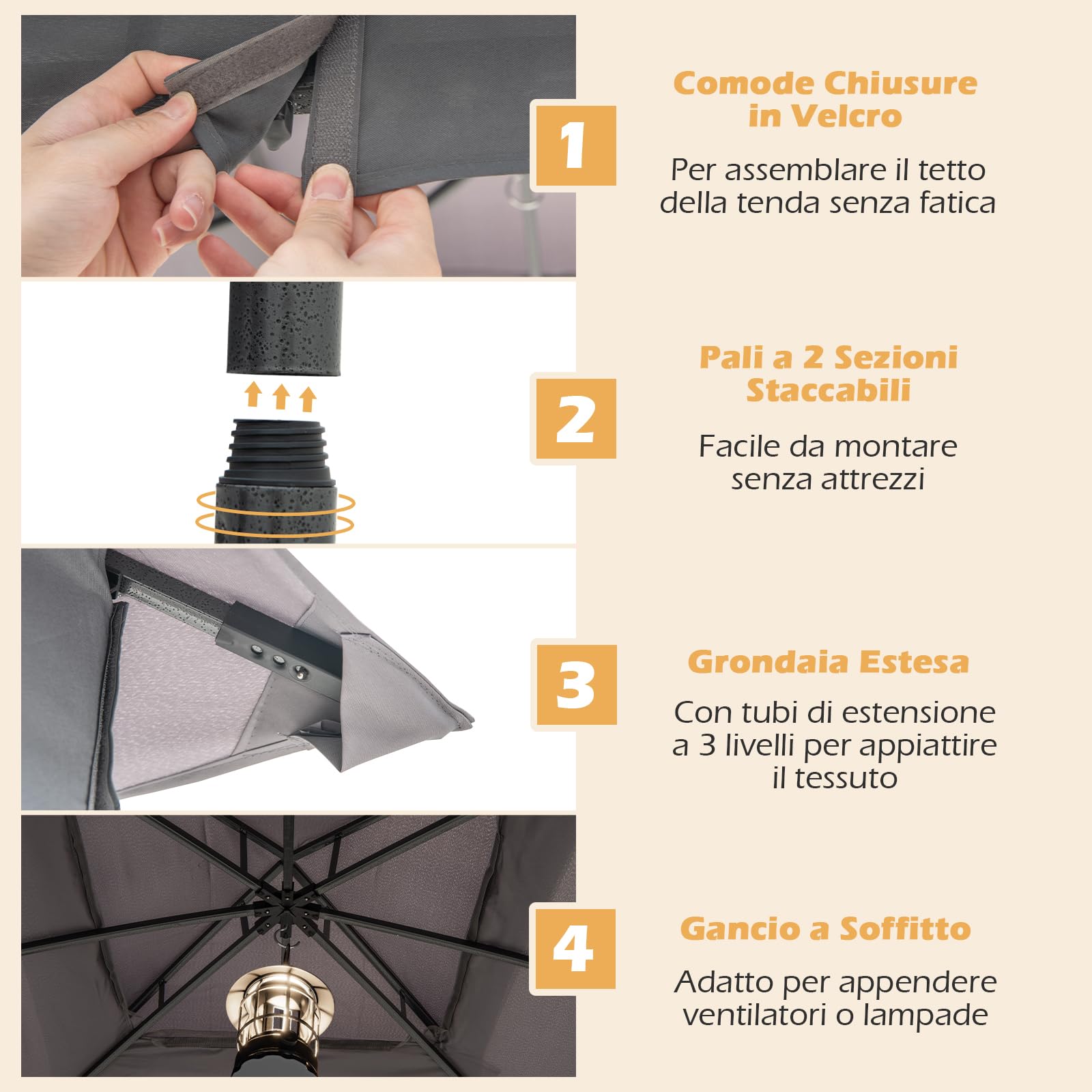 COSTWAY Gazebo da Giardino 3 x 3 m, Gazebo Impermeabile con Rete Mesh Staccabile e Terro Ventilato a Doppio Strato, Tenda Regolabile in Altezza per Feste, BBQ e Picnic (Grigio)
