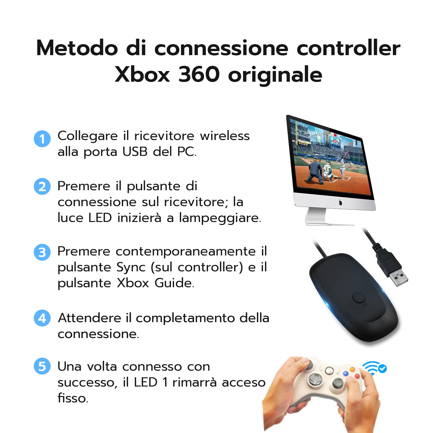 Mcbazel Ricevitore Wireless Gaming per Xbox 360/PC Gaming/Windows10/11/8/7 Adattatore USB 2.0 per Desktop Supporta Controller e Cuffie Senza Fili Plug & Play Portata 9 Metri-Nero