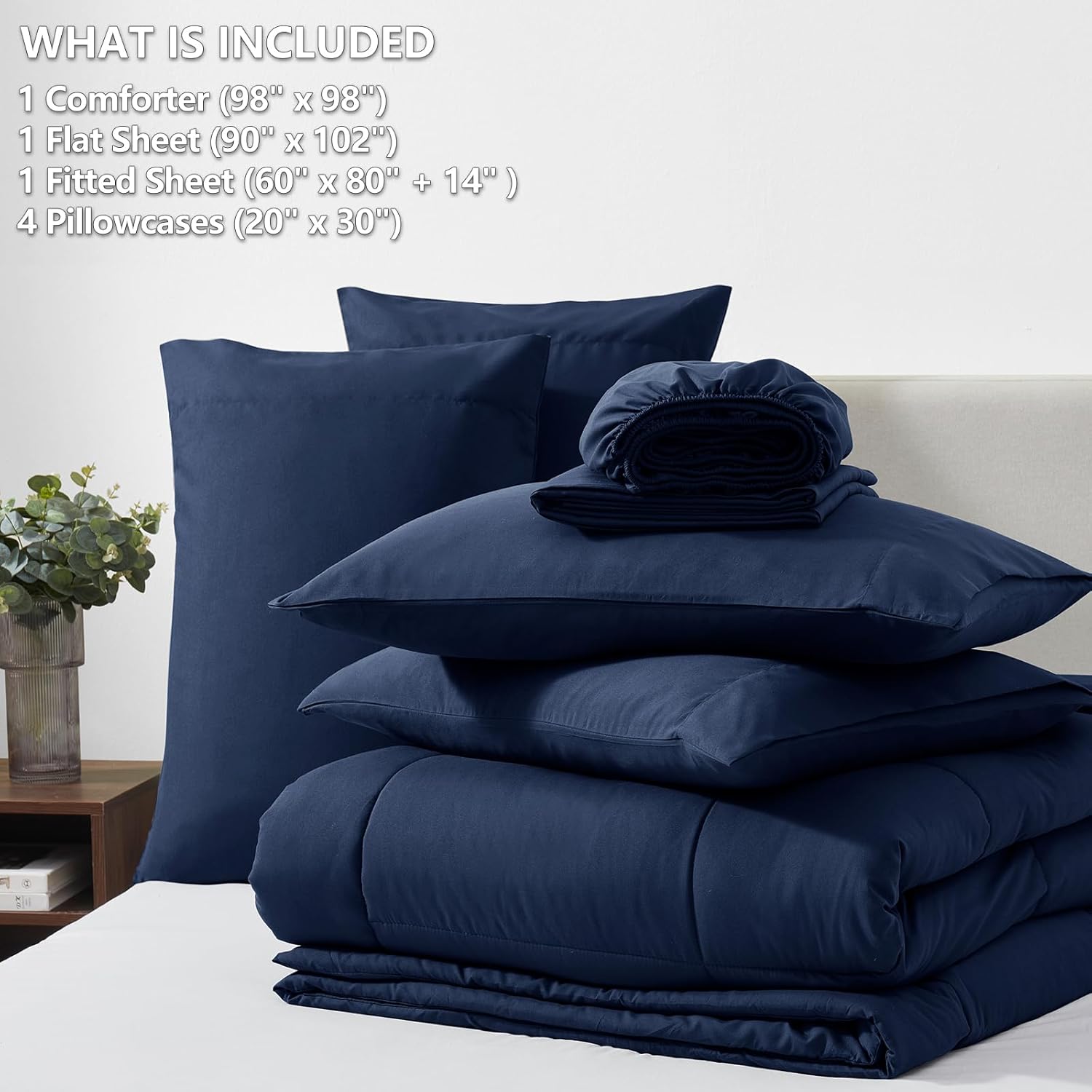 CozyLux Oversized Queen Comforter Sets Navy Blue, 7 Pieces Bed in a Bag, Ultra-Soft All Season Bedding Sets with Stitch Quilted Comforter, Flat Sheet, Fitted Sheet, Pillowcases, Navy Blue - Image 6