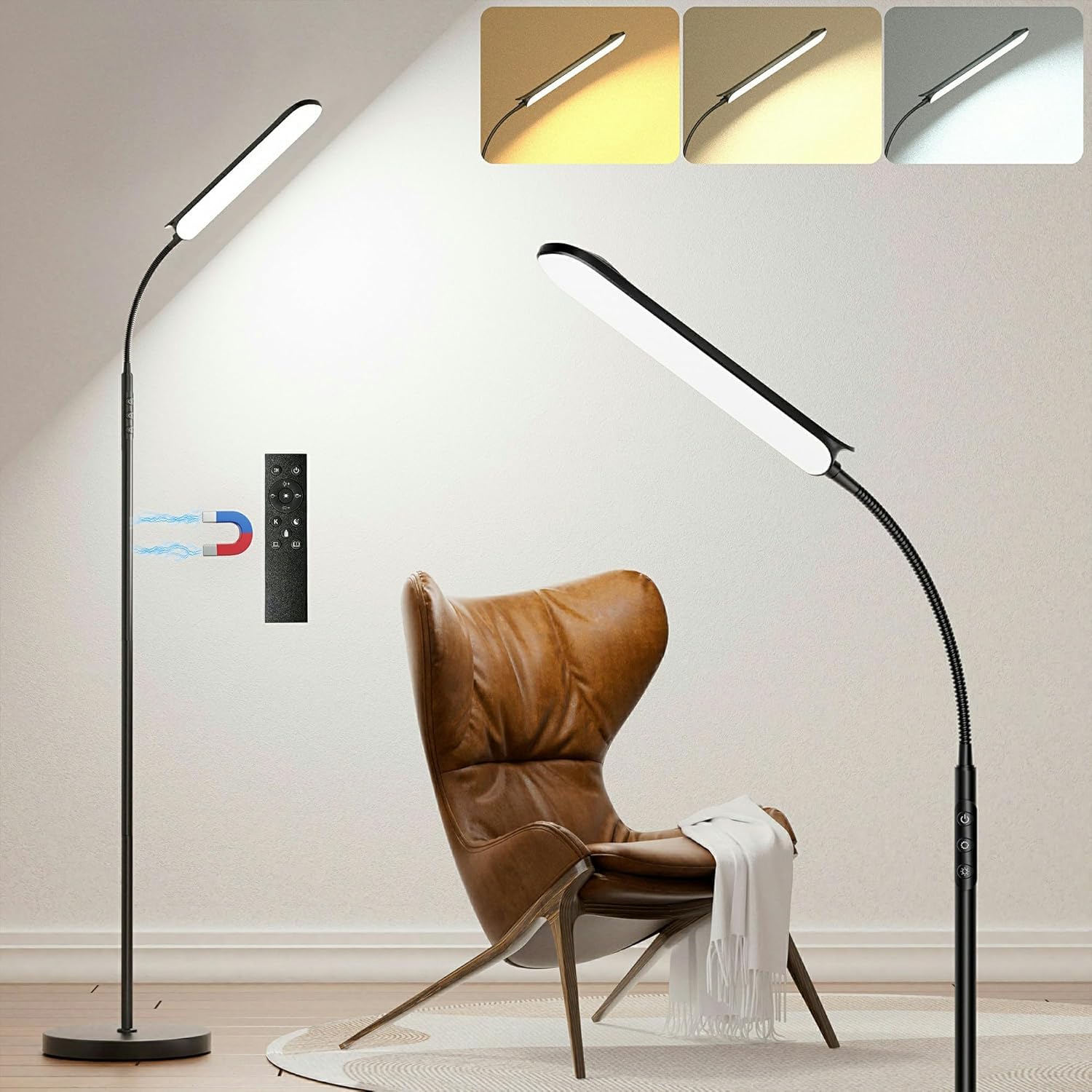 Yikuneng LED Floor Lamp 18W 1800LM, Dimmable Floor Lamps for Living Room with Remote & Touch Button, Custom Color Temperatures, Reading Standing Lamp for Bedroom with Timer & Memory Function, Black