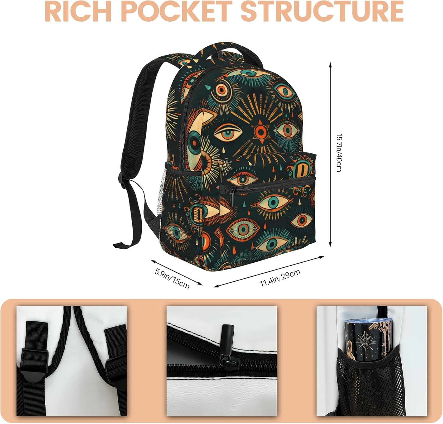 Mystic Eye Backpack with Cushioned Straps for Laptop Tablet,11.4×5.9×15.7in,Abstract Colorful Art Back Pack for Travel School,Multi-Pocket Storage Bookbag,Ideal Gifts for Teens Men Women