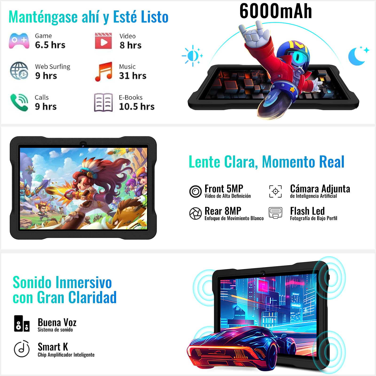 Tablet 10 Pulgadas con 30GB RAM+TF 2TB, Octa-Core 2.0Ghz/GMS, Widevine L1/5G WiFi/Bluetooth 5.0, Juegos Educativos, 5MP+8MP/1280*800, Tablet Android 15 tablet Niños con Funda EVA+360° Giratorio, Negro