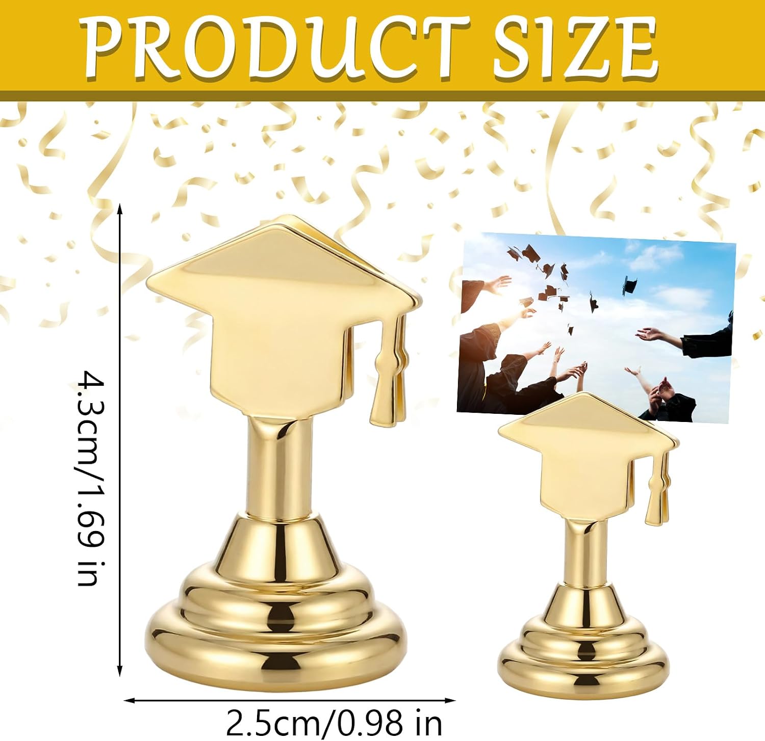 Resurhang 16 Pcs Grad Cap Graduation Picture Display Holders 1.7 Inches Gold Metal Photo Table Number Holders Card Stands Graduation Centerpieces for Tables Class of 2026 Grad Party Supplies image 3