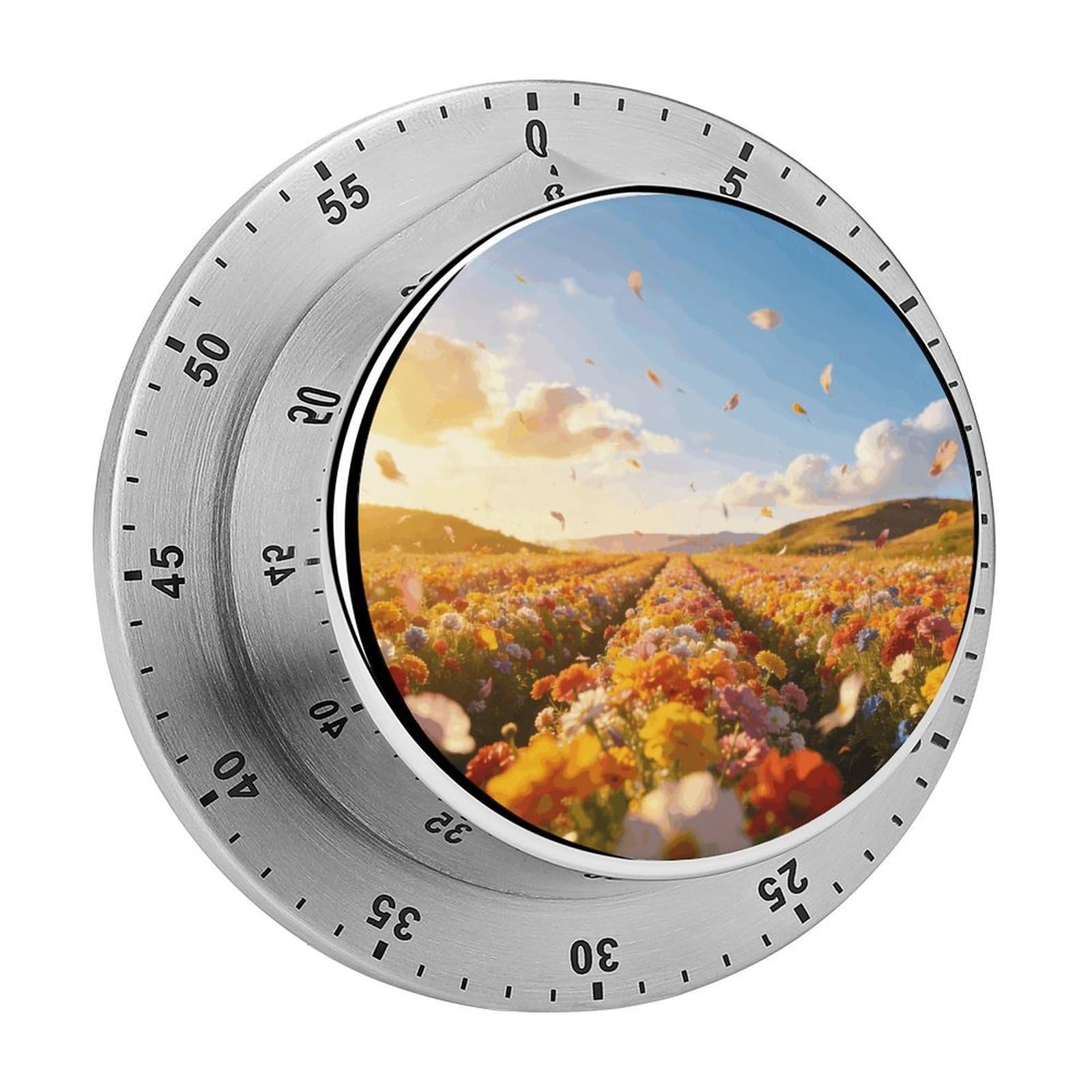 Spectacular Flower Field Scenery Timer Exquisite Stainless Steel Body Desk Visual Timer with Loud Alarm 60-Minute Mechanical Countdown Timers Magnetic Backing Cooking Kitchen Timers for Work